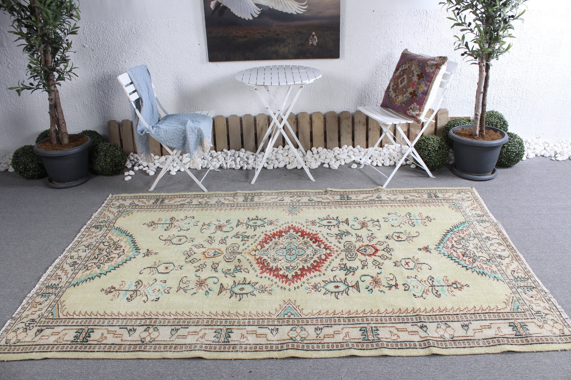 Yatak Odası Halıları, Yeşil 5.1x8.1 ft Büyük Halı, Salon Halısı, Yün Halı, Vintage Halı, Oturma Odası Halısı, Havalı Halılar, Türk Halısı