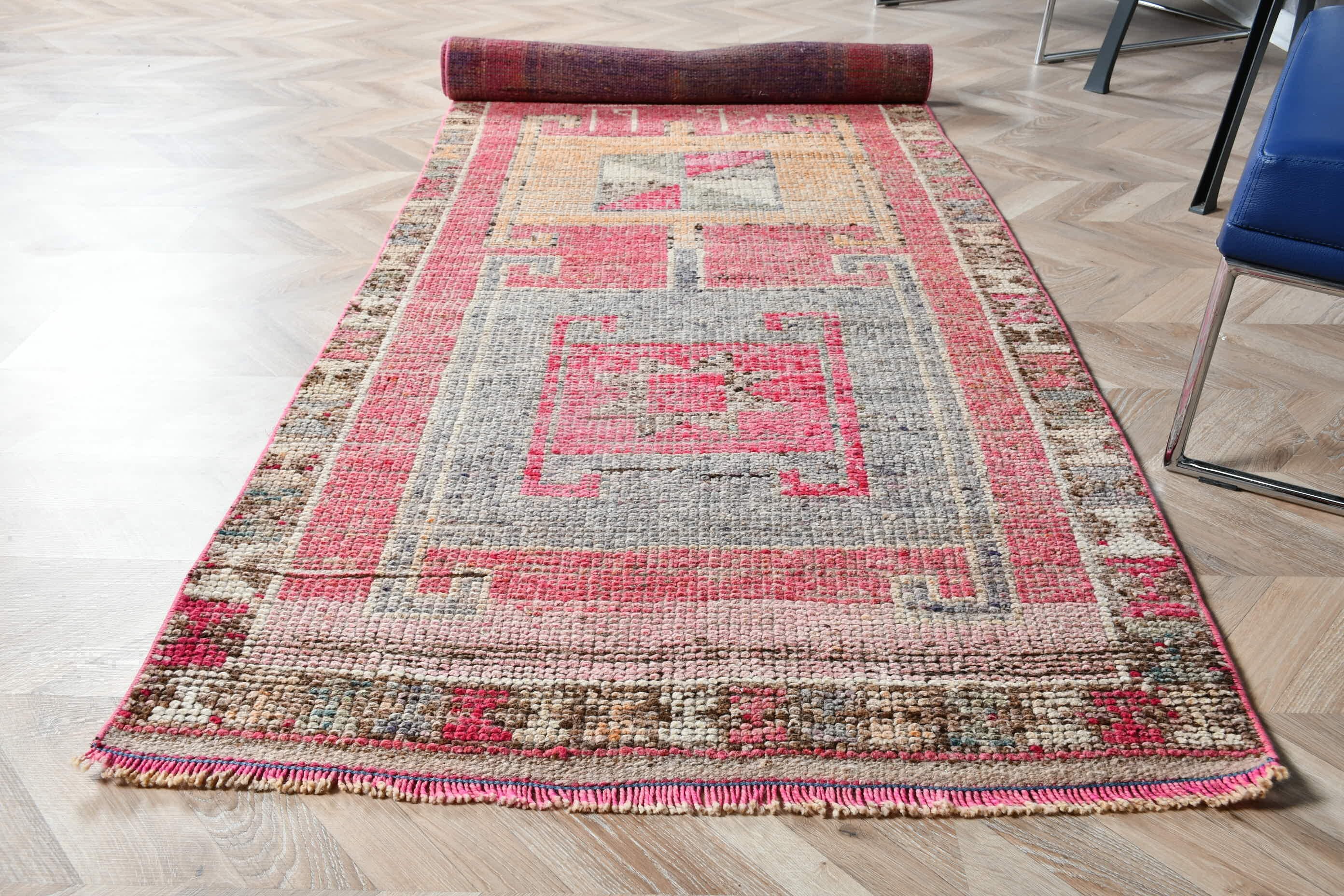 Rugs for Runner, Turkish Rug, Vintage Rugs, Wool Rug, Kitchen Rug, Hallway Rugs, 3.3x10.5 ft Runner Rugs, Pink Oriental Rug, Anatolian Rug