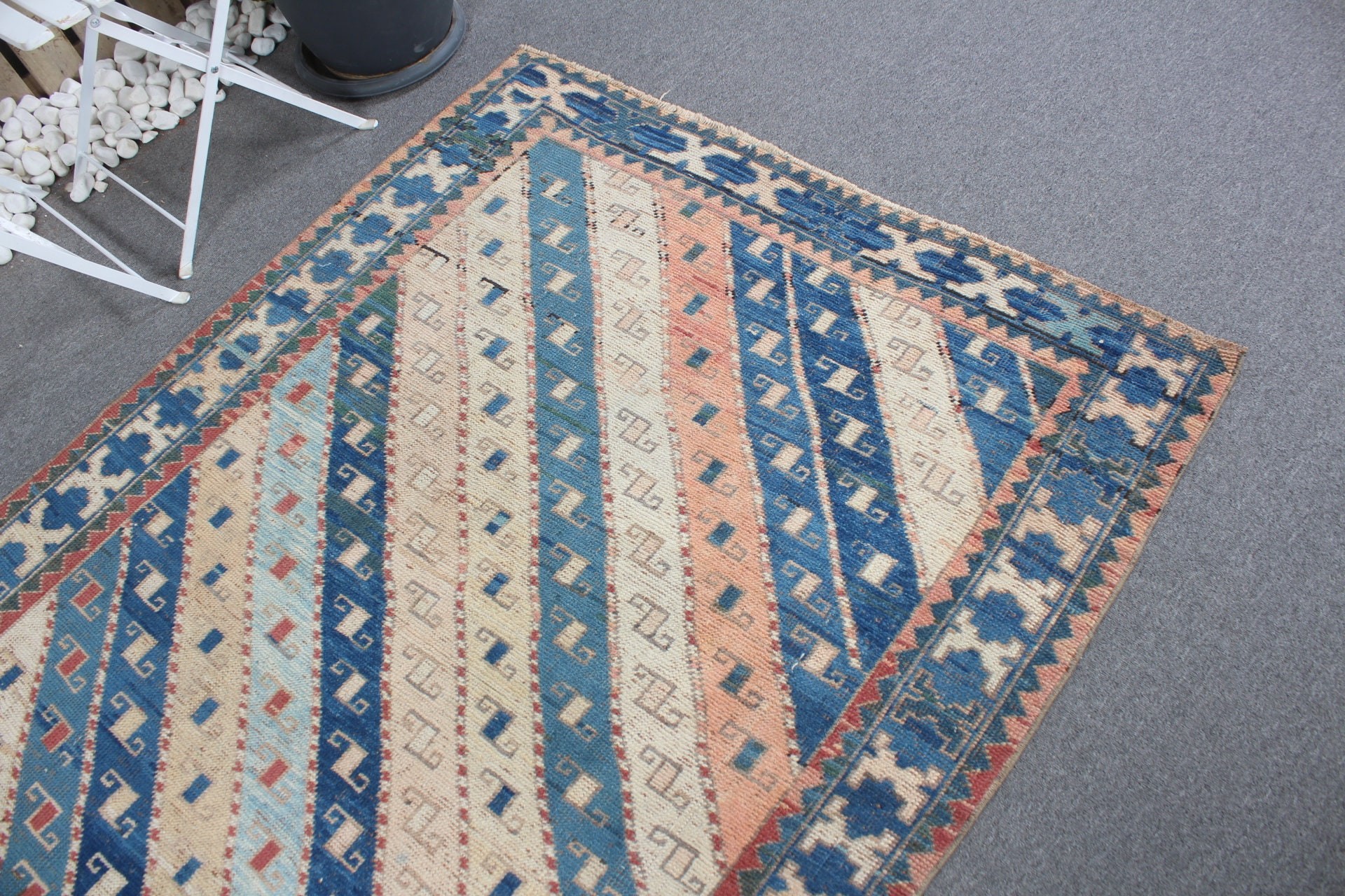 Oushak Halıları, Mavi Mutfak Halısı, Vintage Halı, Yemek Odası Halıları, Yemek Odası Halıları, 4,4x6,3 ft Alan Halısı, Antika Halılar, Türk Halıları