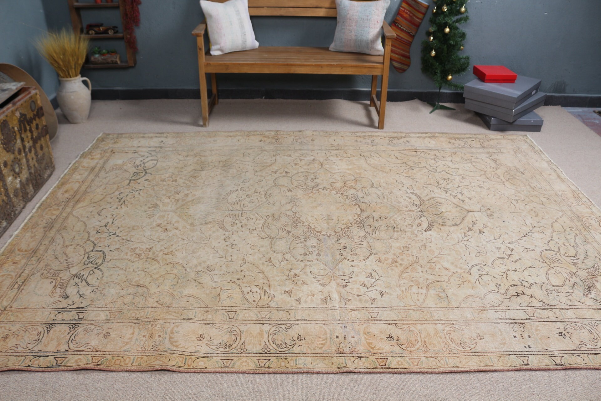 Beige  6.6x9.5 ft Large Rug, Aztec Rug, Antique Rug, Vintage Rug, Living Room Rug, Turkish Rug, Rugs for Bedroom, Bedroom Rug