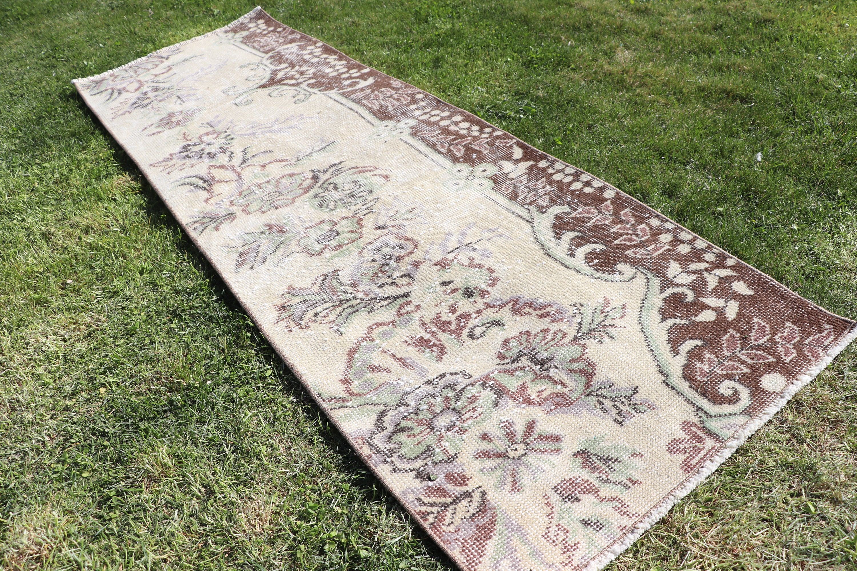 Oryantal Halı, Türk Halısı, Vintage Halı, Uzun Yolluk Halıları, Yolluk Halıları, Bej 1.9x5.7 ft Yolluk Halısı, Düz Dokuma Halı