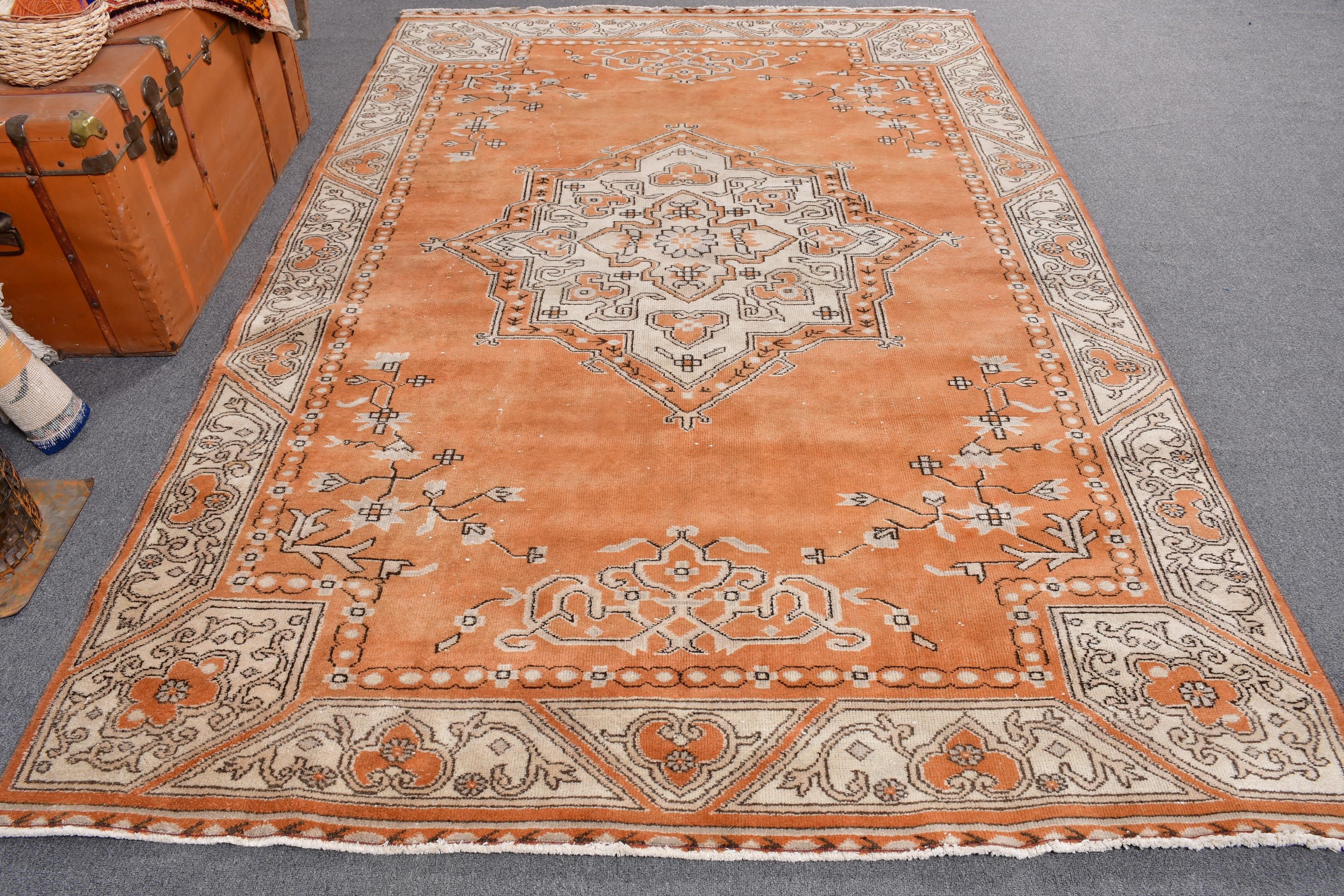 Turuncu Düz Dokuma Halılar, Büyük Vintage Halılar, Türk Halıları, Antika Halılar, El Dokuma Halılar, 6x9 ft Büyük Halılar, Büyük Boho Halılar, Vintage Halı