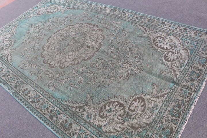 Yeşil 5.9x9.3 ft Büyük Halı, Düz Dokuma Halı, Vintage Halı, Oturma Odası Halısı, Havalı Halılar, Türk Halısı, Oushak Halısı, Yemek Odası Halısı