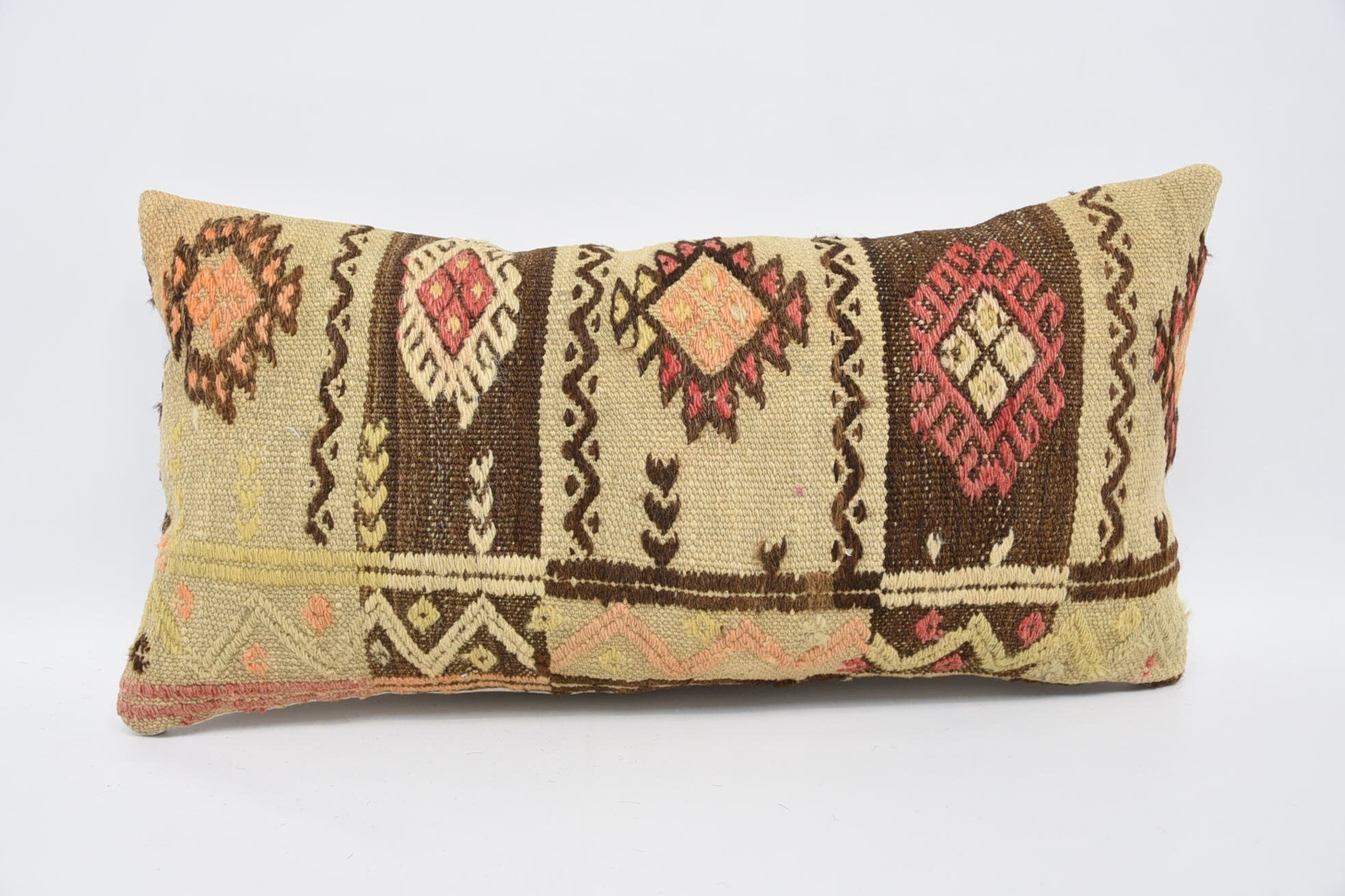 Ethnical Kilim Rug Pillow, Accent Pillow Sham, Interior Designer Pillow, 12"x24" Beige Pillow Cover, Throw Kilim Pillow