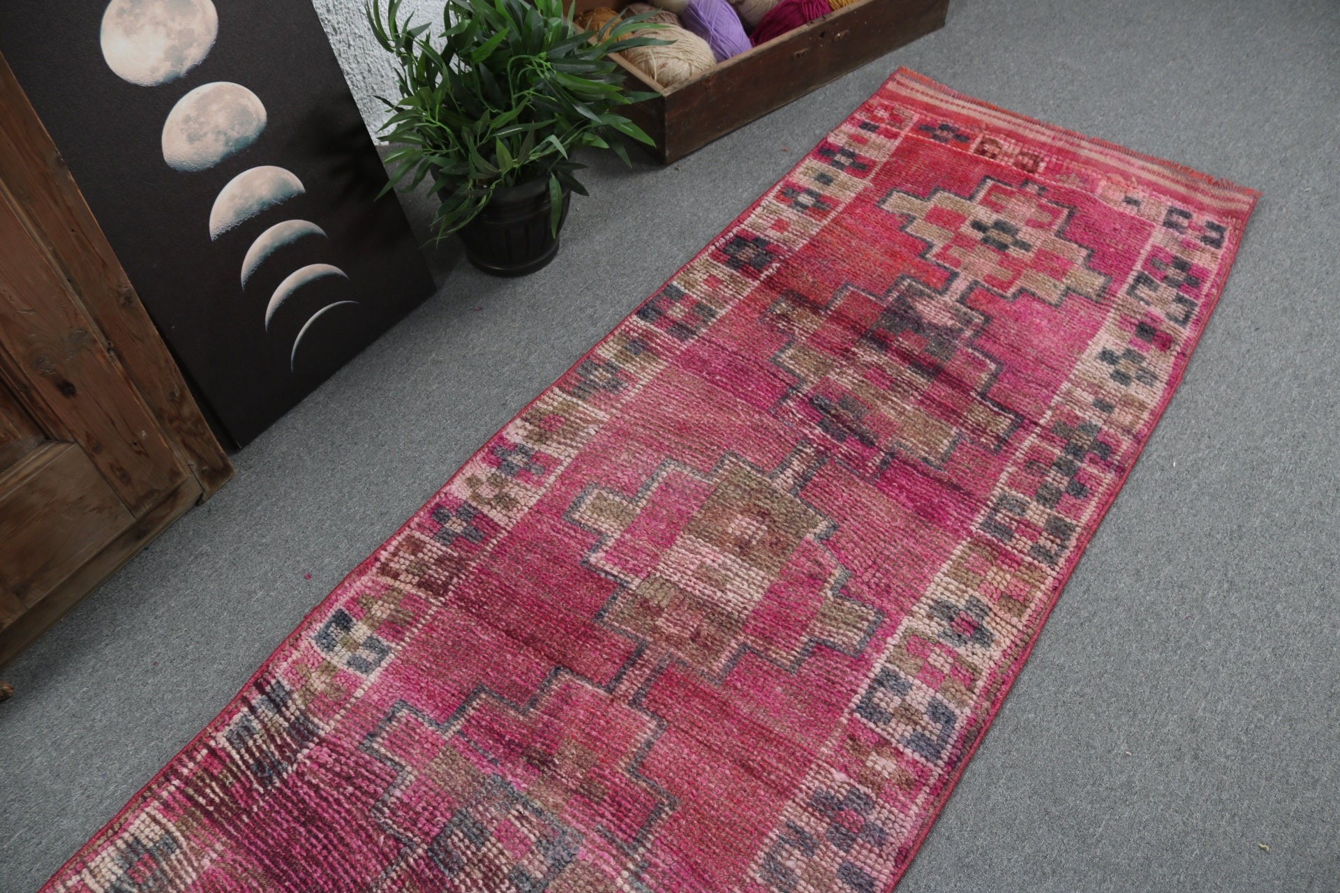 Beni Ourain Runner Rugs, Statement Rugs, Pink Geometric Rug, Turkish Rug, Corridor Rugs, Vintage Rug, 2.4x9.9 ft Runner Rugs, Cool Rug