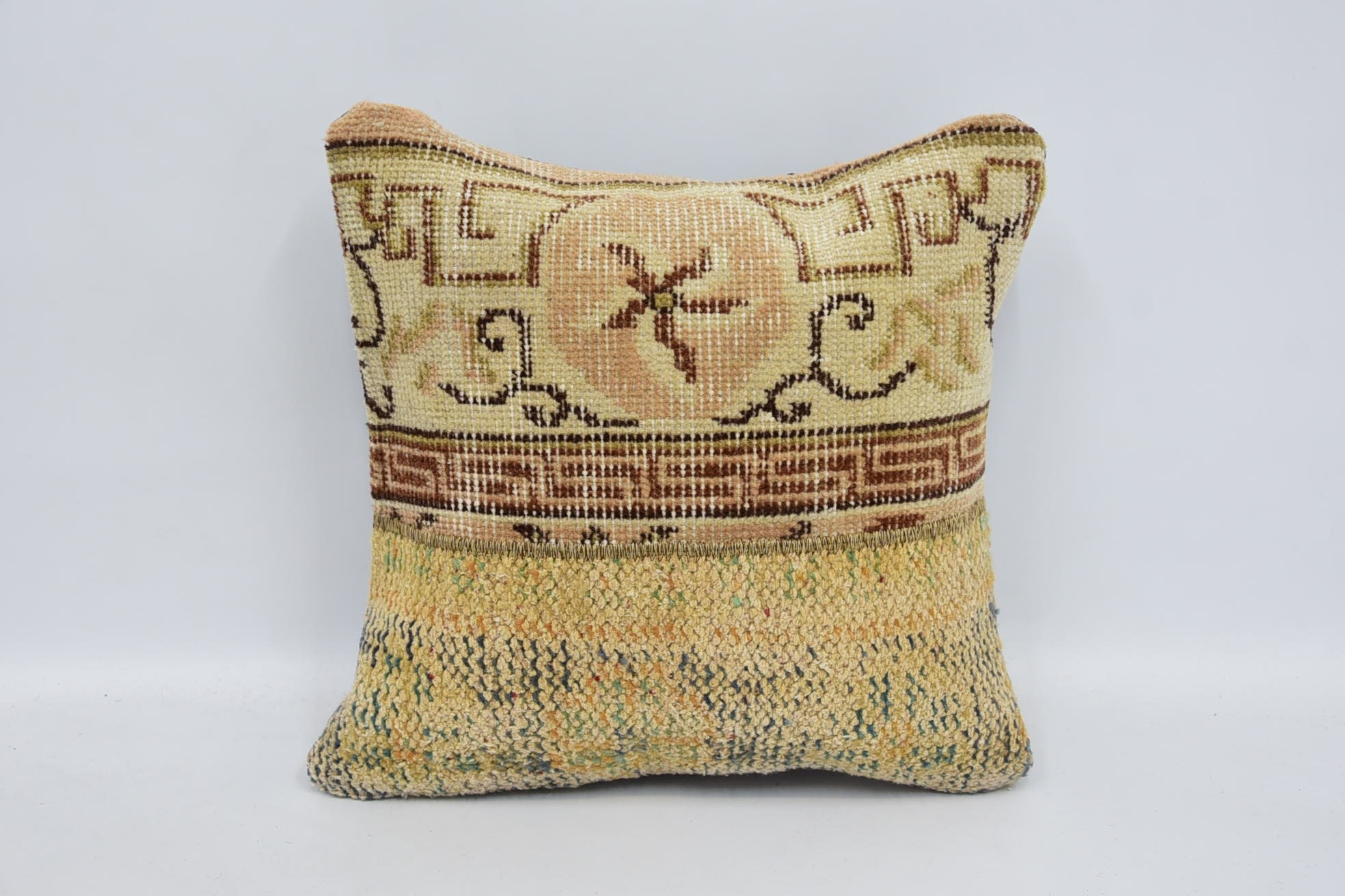 Boho Pillow Sham Cover, Antique Pillows, Turkish Bench Cushion Cover, 16"x16" Beige Cushion, Ethnical Kilim Rug Pillow