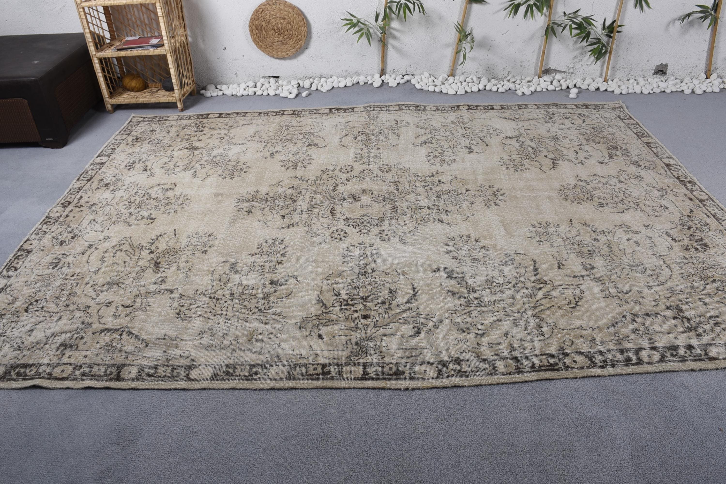 Nötr Halılar, Yemek Odası Halısı, Bej Düz Dokuma Halılar, Türk Halıları, Vintage Halılar, Büyük Oushak Halısı, 7x9.7 ft Büyük Halı, El Dokuma Halı