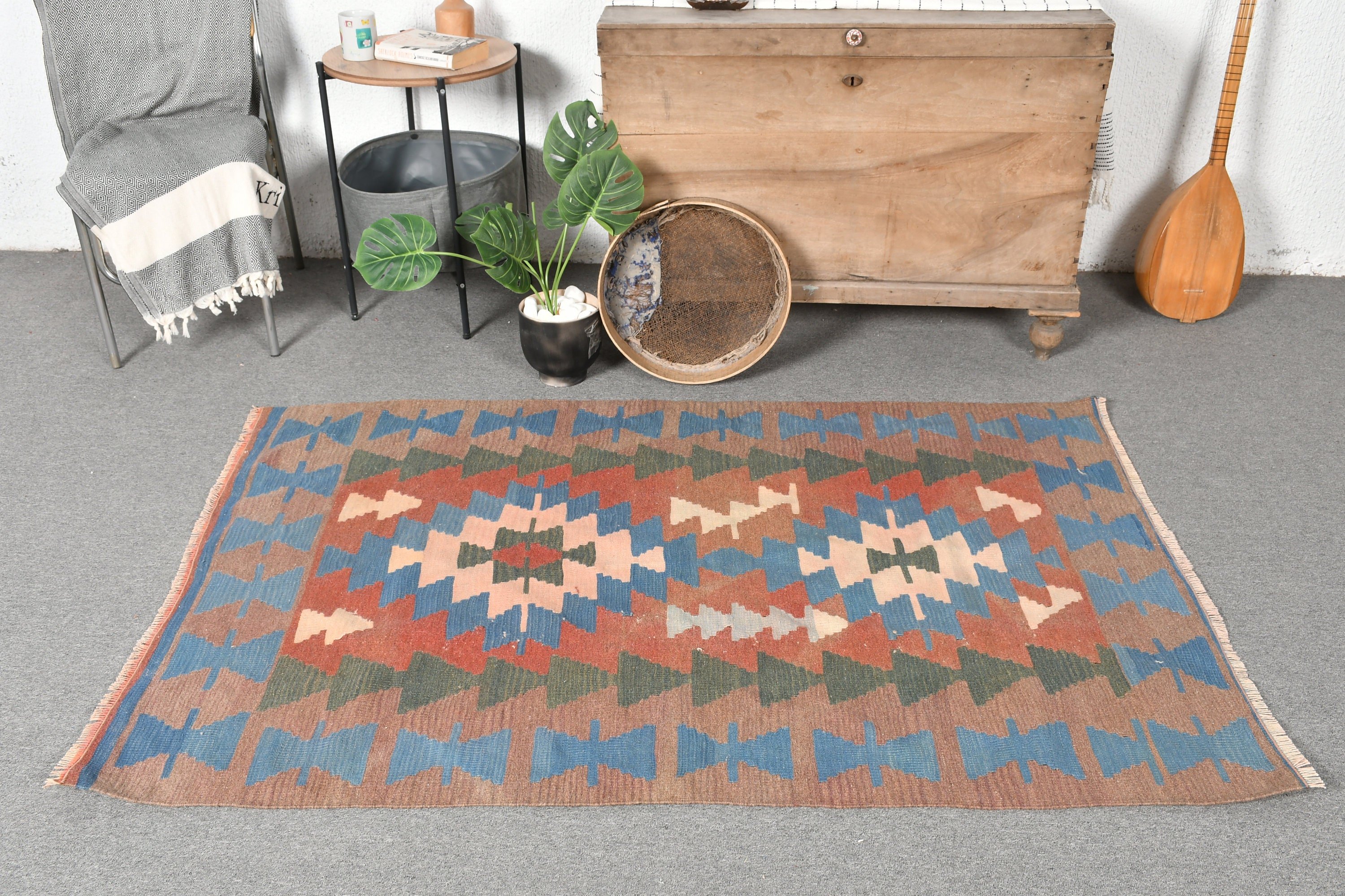 Natural Rug, Vintage Rug, Kitchen Rug, Floor Rug, 3.6x5.6 ft Accent Rug, Kilim, Entry Rug, Turkish Rug, Blue Home Decor Rugs, Moroccan Rug