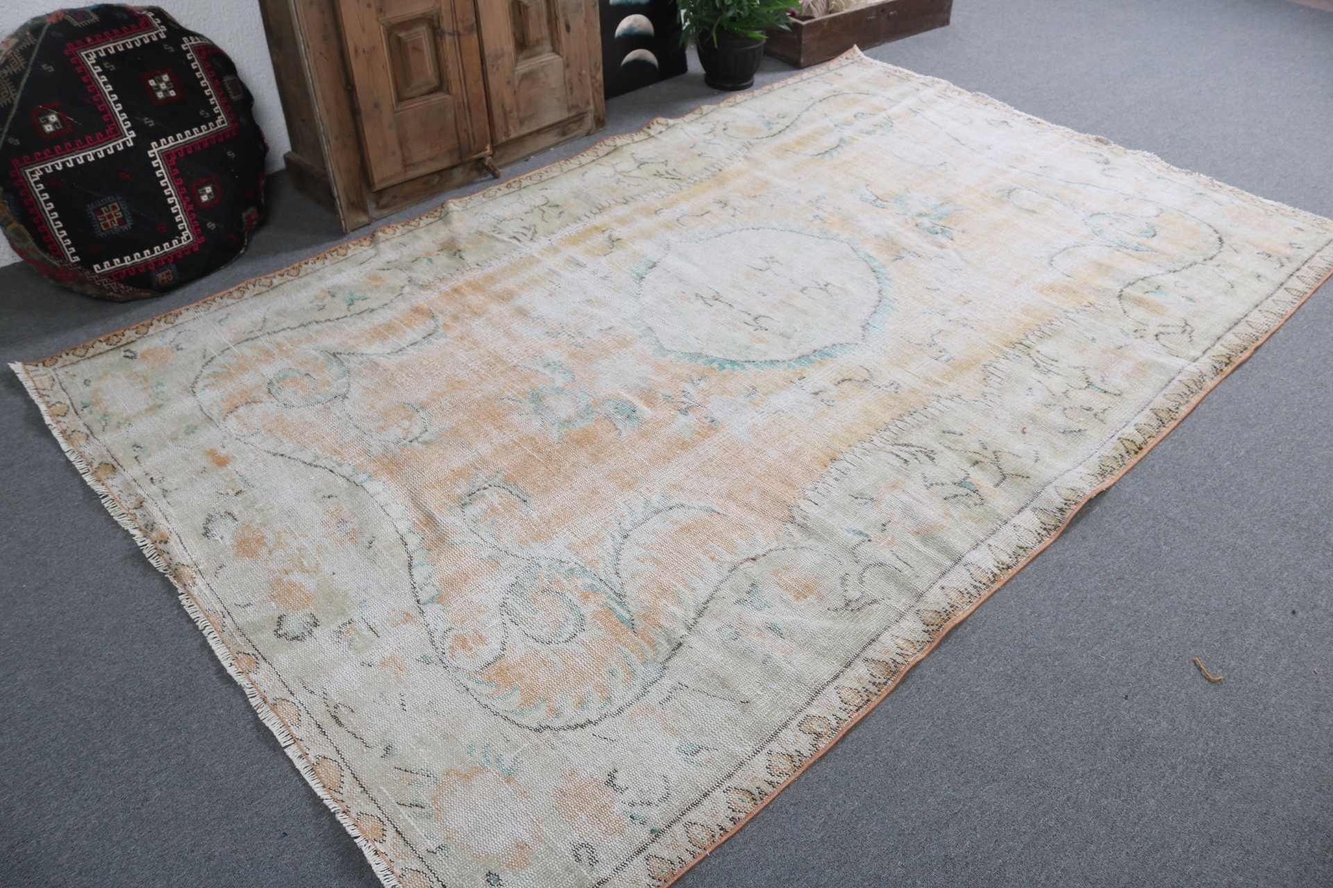 Modern Halı, El Dokuma Halı, Büyük Oushak Halı, Yer Halısı, Bej 5.8x8.7 ft Büyük Halı, Vintage Halılar, Türk Halıları, Yatak Odası Halıları