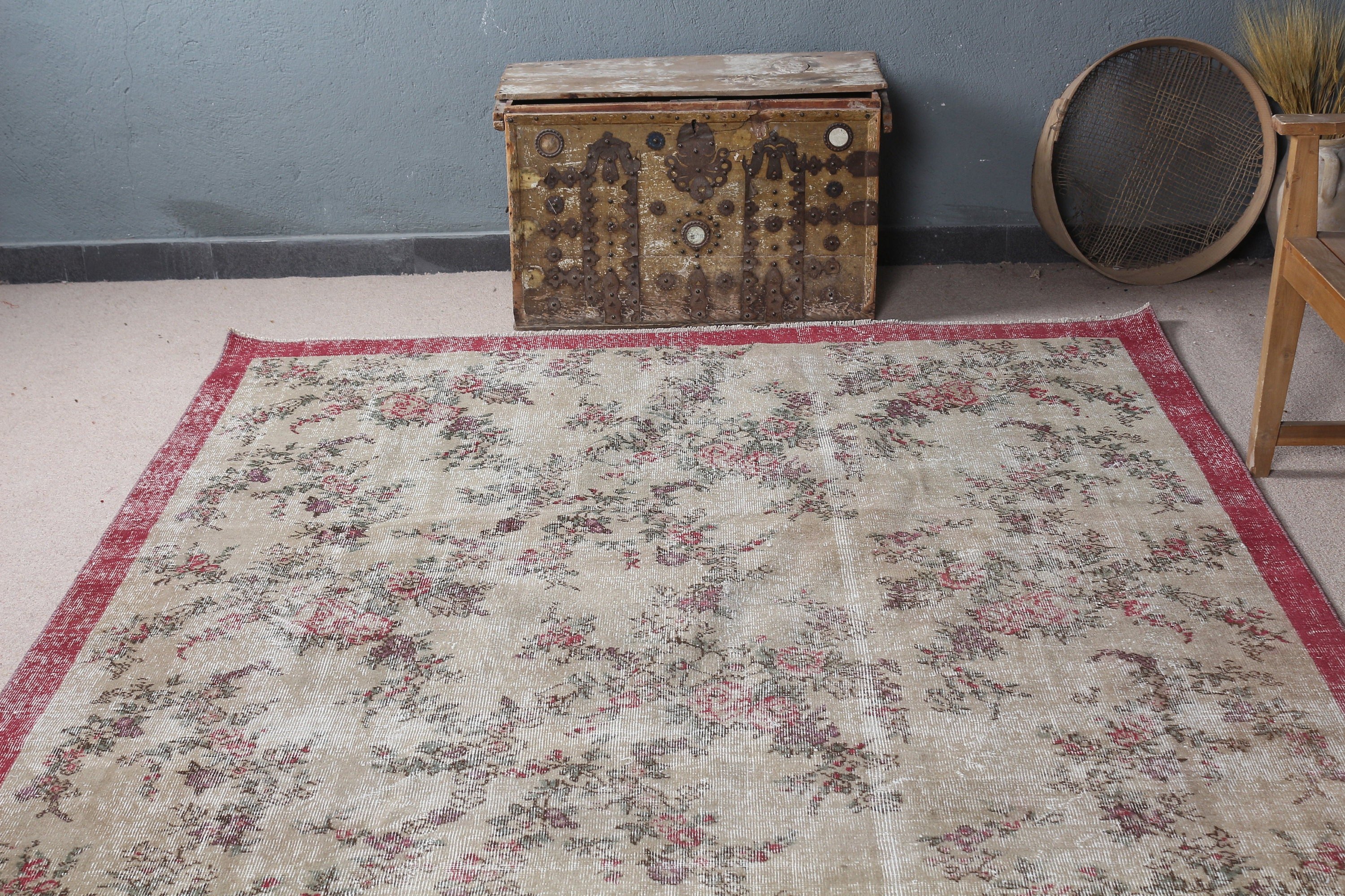 Türk Halıları, Ev Dekorasyonu Halısı, 6.5x10 ft Büyük Halı, Etnik Halı, Oturma Odası Halıları, Vintage Halılar, Yeşil Soğuk Halılar, Yemek Odası Halısı, Oushak Halısı