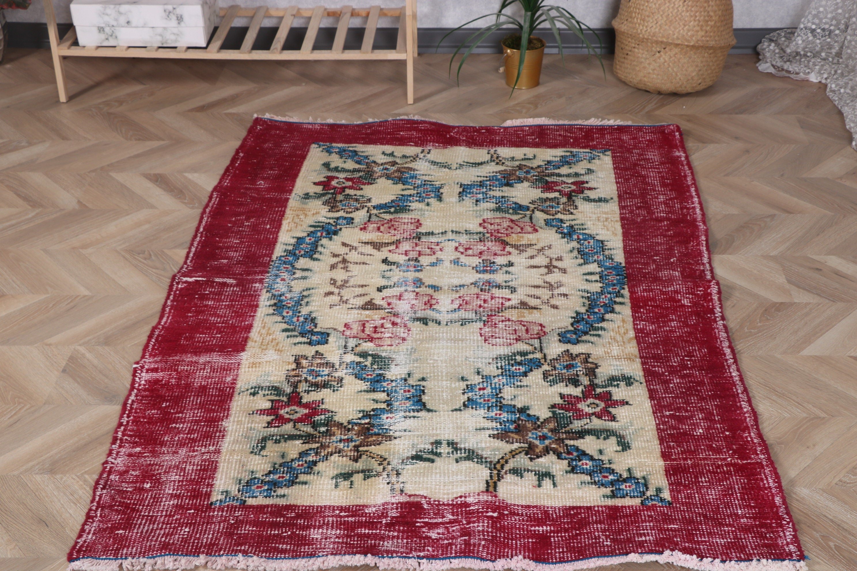 Boho Halı, Türk Halıları, Vintage Vurgulu Halılar, Estetik Halı, 3,8x5,2 ft Vurgulu Halı, Havalı Halı, Vintage Halı, Düz Dokuma Halı, Kırmızı Düz ​​Dokuma Halılar