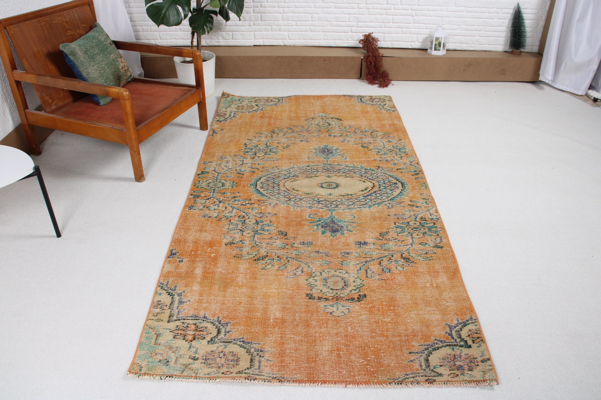 Yatak Odası Halısı, Türk Halısı, Ev Dekorasyonu Halıları, Turuncu Açıklama Halısı, 3,9x7,4 ft Alan Kilimi, Vintage Halı, Oturma Odası Halısı, El Dokuma Halı, Havalı Halı