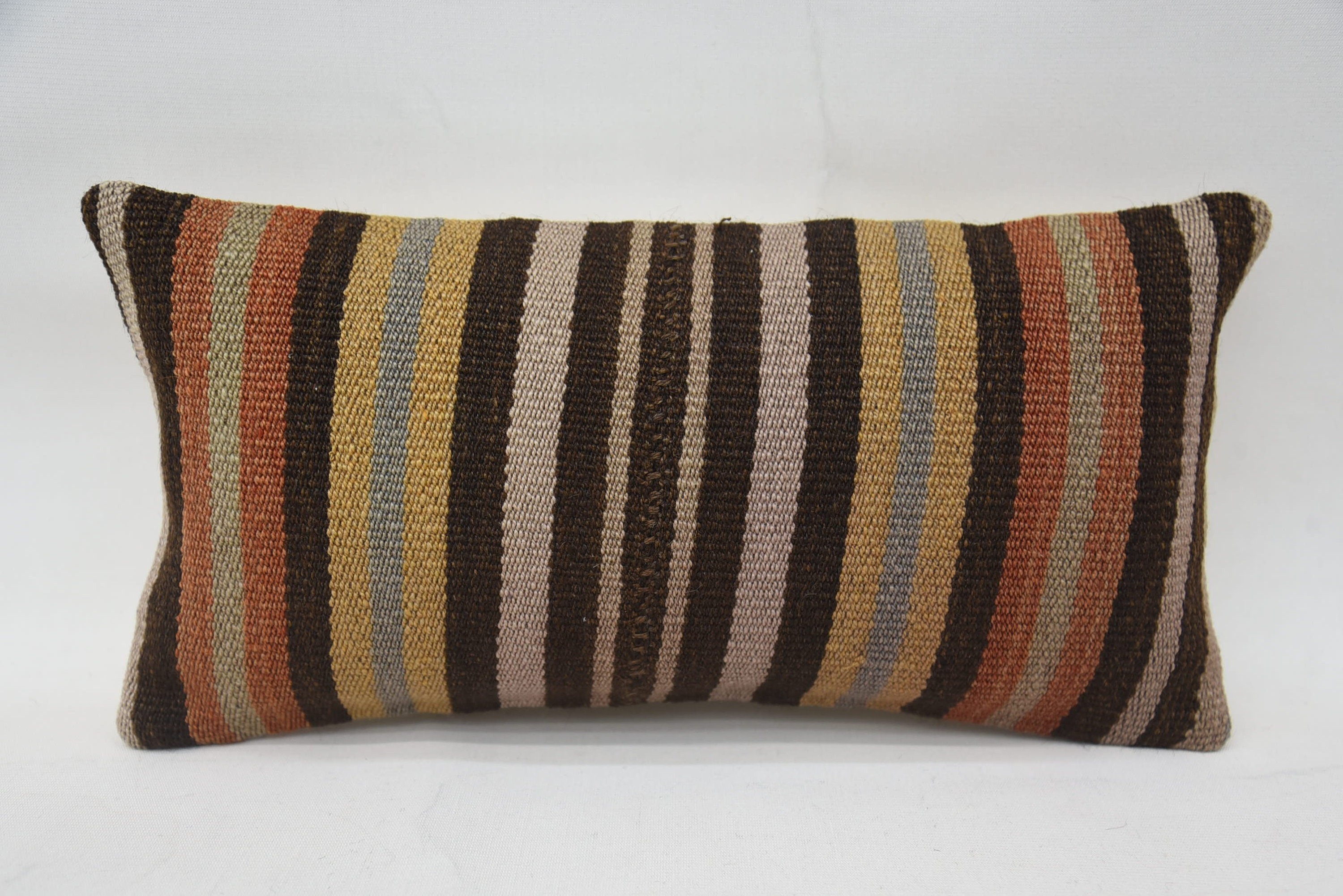 Throw Kilim Pillow, Pillow for Sofa, Boho Pillow Sham Cover, 8"x16" Brown Cushion Cover, Turkish Rugs Cushion Cover