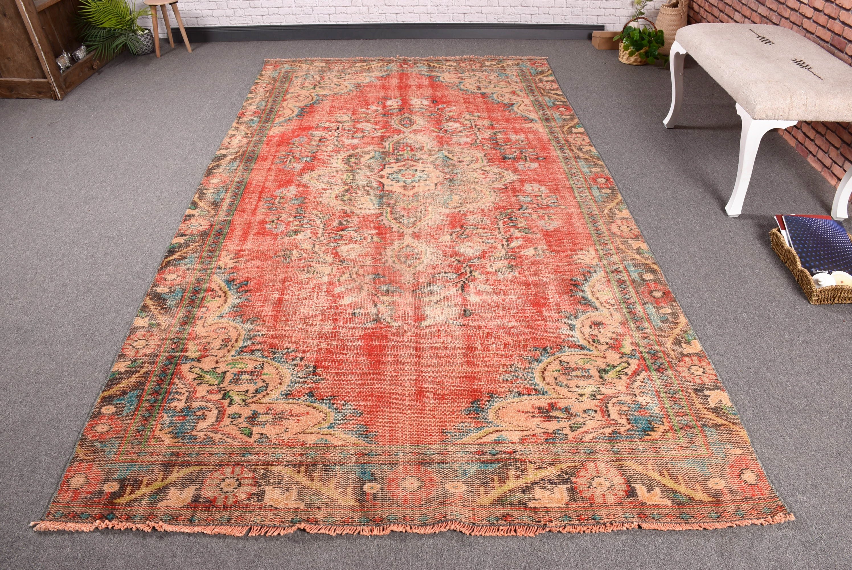 Türk Halıları, Vintage Halı, Boho Halı, 5.4x10.1 ft Büyük Halılar, Anadolu Halısı, Büyük Oushak Halıları, Yemek Odası Halıları, Kırmızı Yatak Odası Halıları