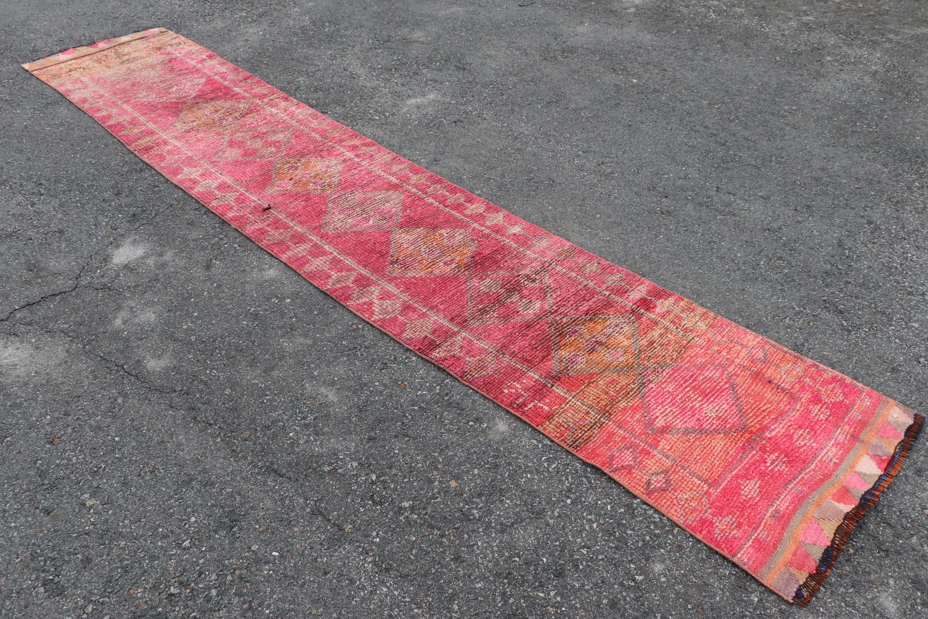 Vintage Rug, Antique Rug, Pink Oriental Rugs, 2.4x12.6 ft Runner Rugs, Stair Rug, Rugs for Kitchen, Corridor Rug, Wool Rug, Turkish Rug