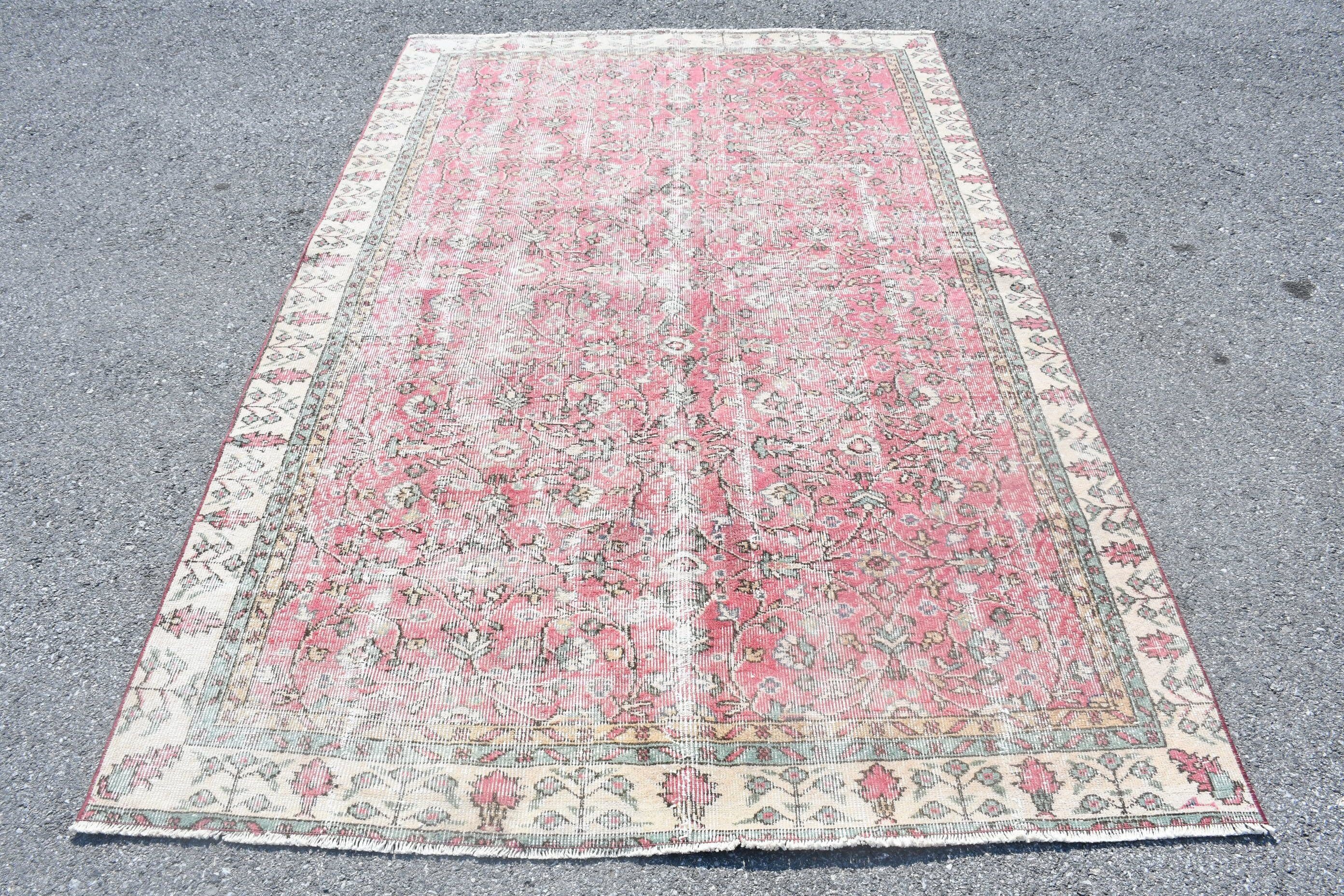 Bedroom Rug, Pink Wool Rug, Vintage Rugs, Turkish Rug, Kitchen Rug, 5.8x9.1 ft Large Rug, Salon Rug, Oushak Rugs, Pale Rug, Rugs for Salon