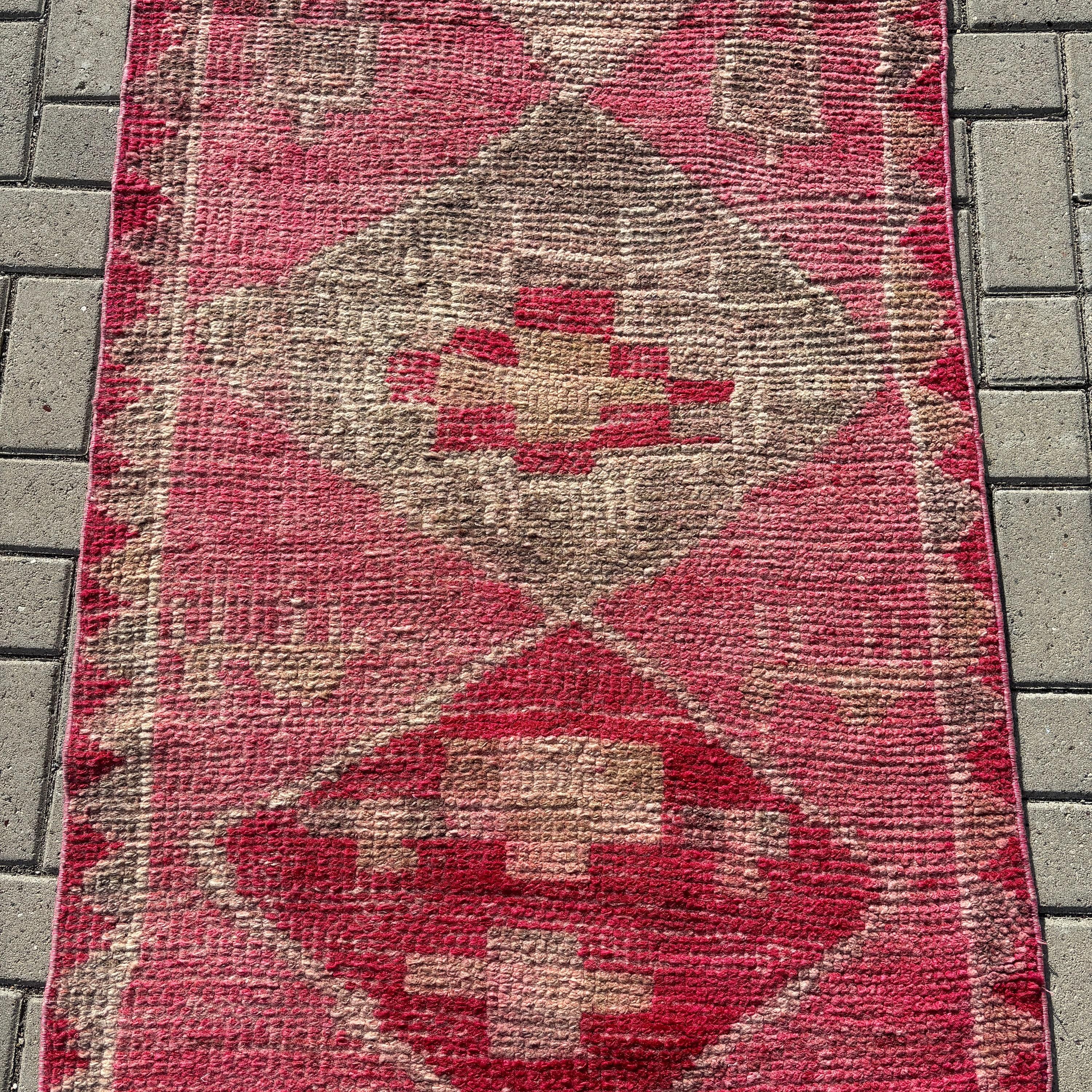 Vintage Runner Halı, Vintage Halı, Yer Halıları, Havalı Halı, Türk Halısı, Pembe 2.9x10.2 ft Runner Halısı, Koridor Halısı, Anadolu Halısı