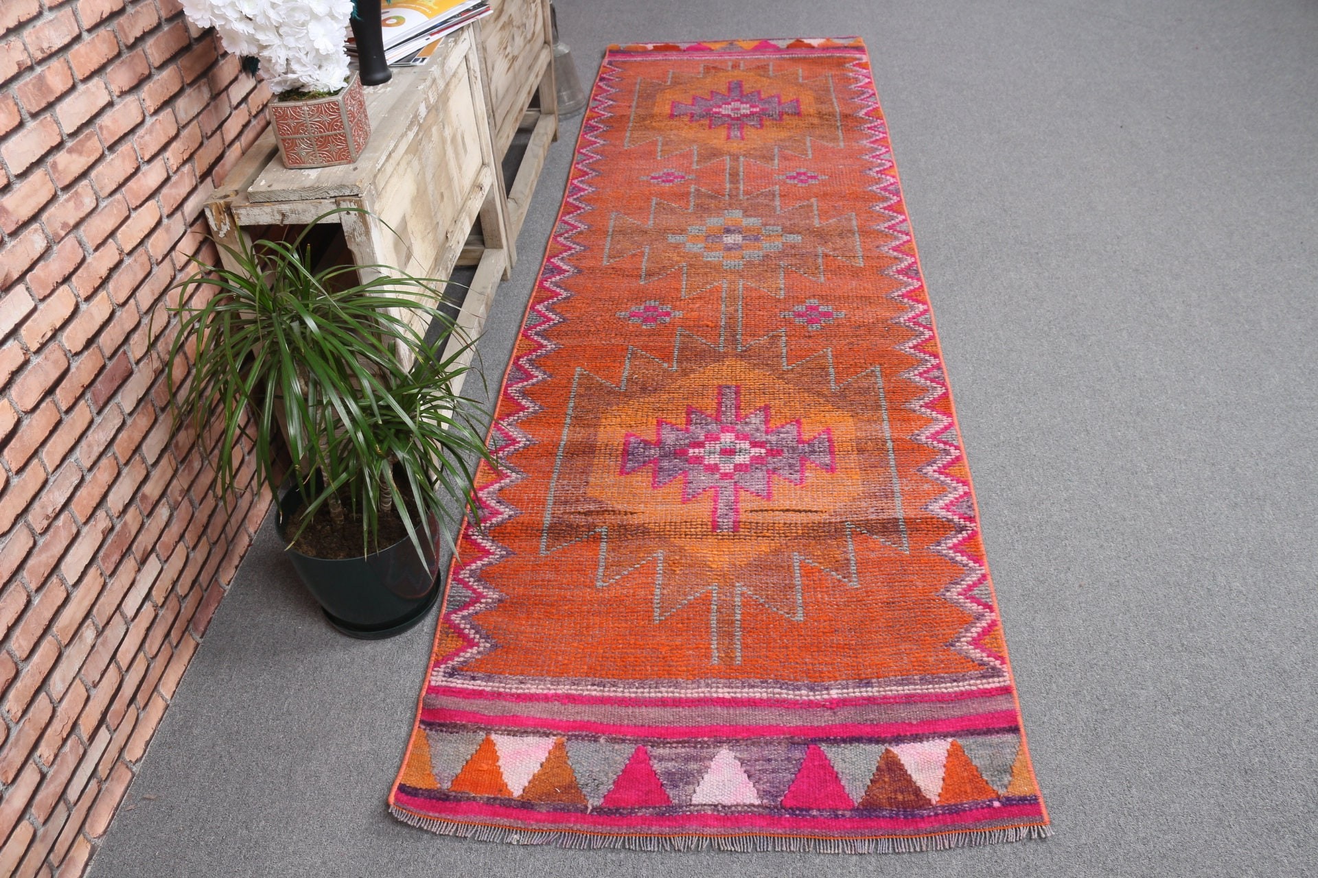 Floor Rug, Orange Anatolian Rugs, Oushak Rugs, 2.9x10.1 ft Runner Rug, Hallway Rug, Oriental Rug, Kitchen Rug, Vintage Rug, Turkish Rug