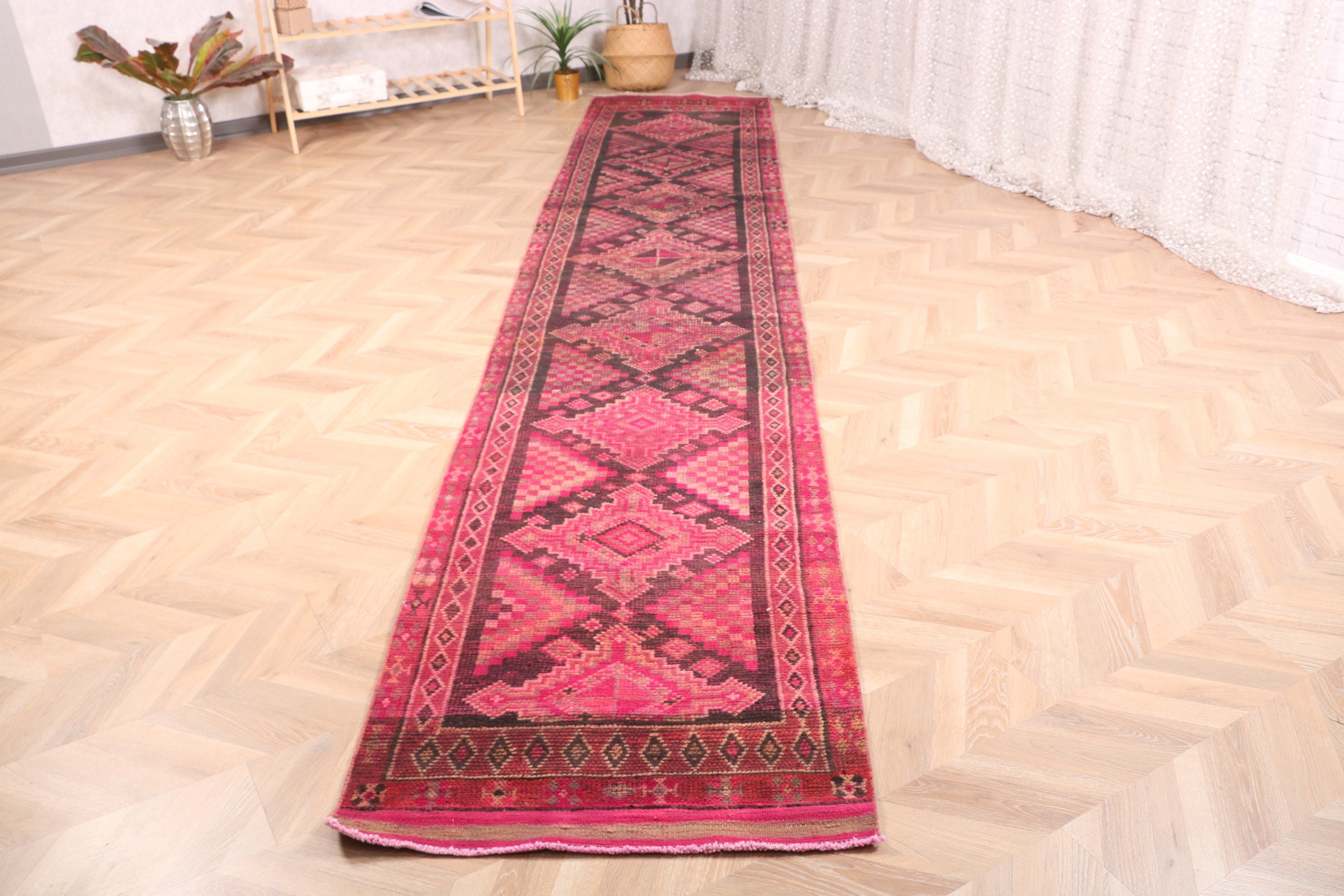 Pembe Açıklama Halısı, Vintage Halılar, Etnik Halı, 2.7x14.2 ft Runner Halıları, Yatak Odası Halısı, Beni Ourain Runner Halıları, Düz Dokuma Halılar, Türk Halısı