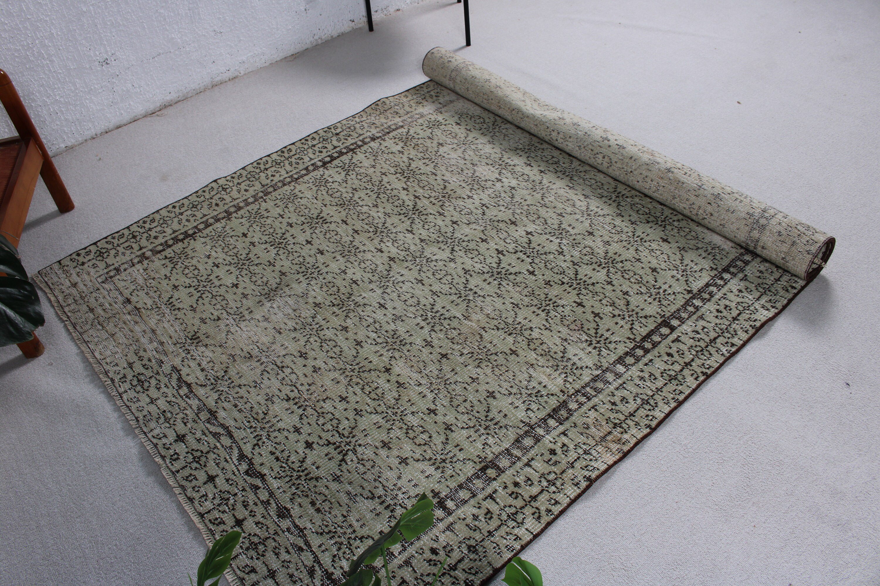 Büyük Vintage Halılar, Salon Halıları, 5x8,3 ft Büyük Halılar, Egzotik Halılar, Türk Halıları, Yeşil Oushak Halı, Vintage Halı, Geometrik Halı