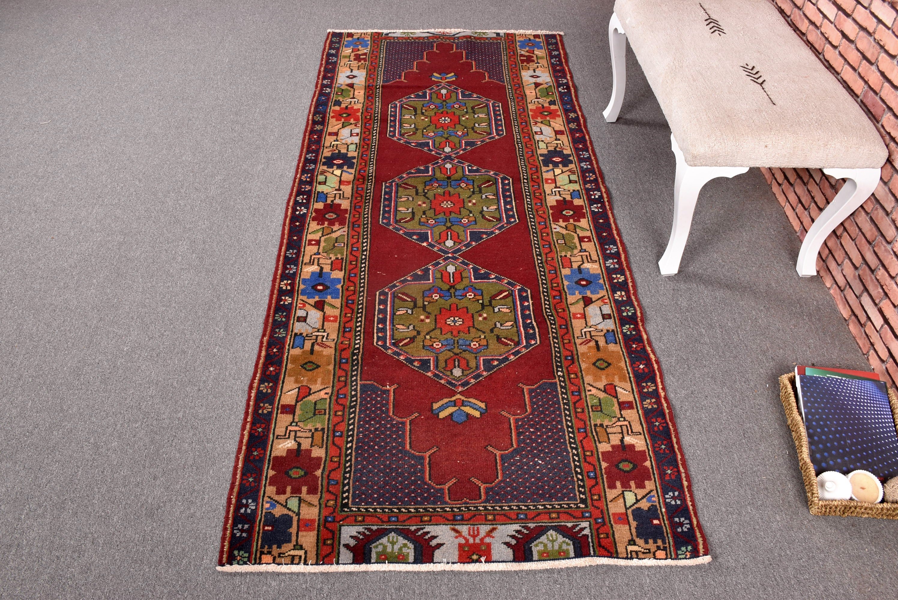 Fas Halıları, Mutfak Halıları, Kırmızı El Dokuma Halı, Türk Halısı, Oturma Odası Halısı, 3,3x7,8 ft Alan Halıları, Vintage Halılar, Yatak Odası Halıları