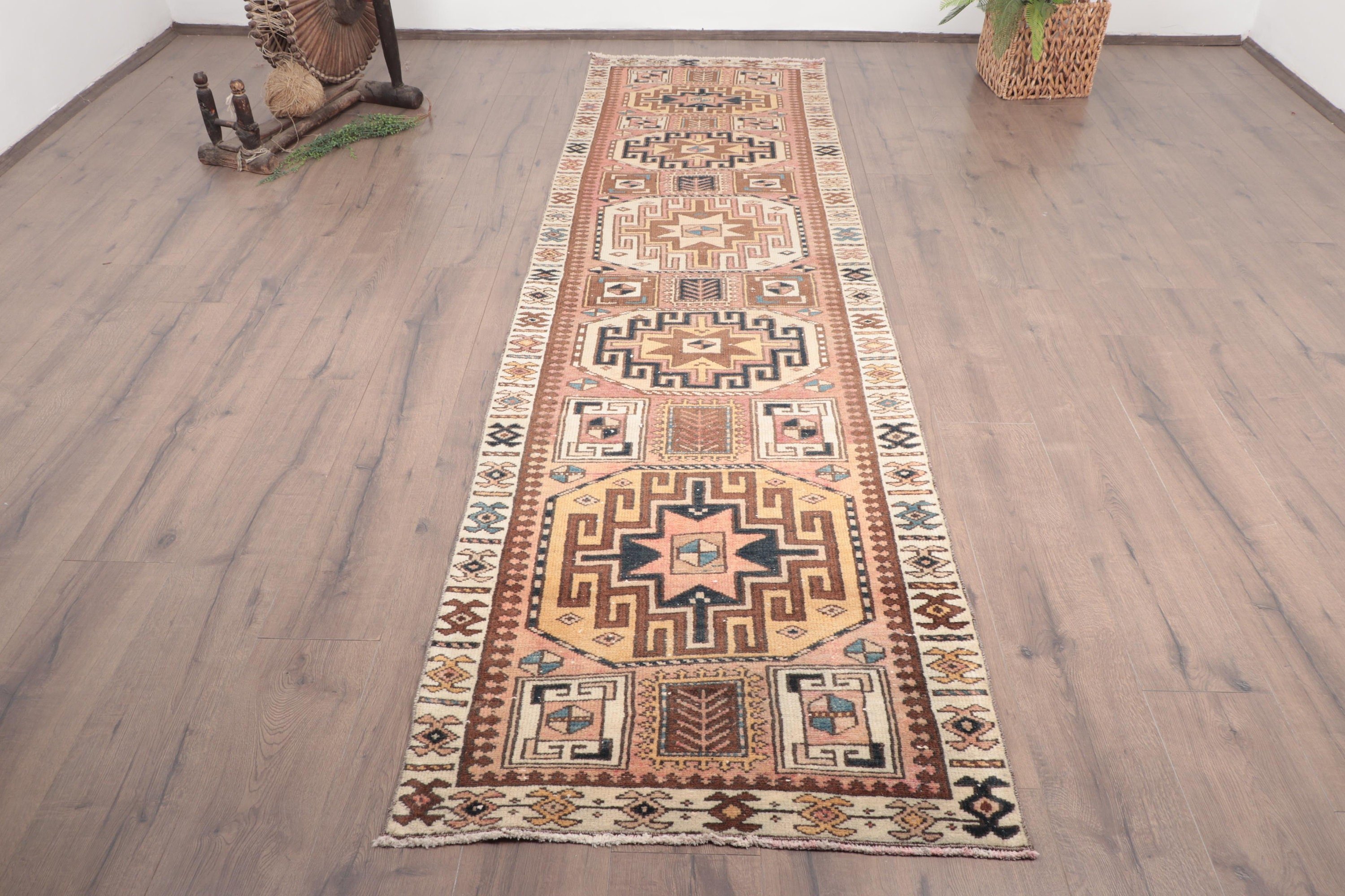 Vintage Rug, 2.7x10.1 ft Runner Rugs, Turkish Rugs, Geometric Rugs, Long Runner Rug, Rugs for Stair, Beige Anatolian Rugs