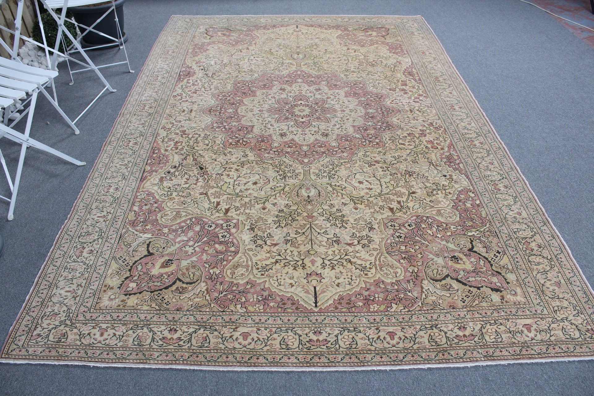 Büyük Vintage Halı, Mutfak Halıları, Bej El Dokuma Halılar, Vintage Halı, 6.6x9.7 ft Büyük Halılar, Türk Halısı, Geometrik Halılar, Büyük Boho Halılar