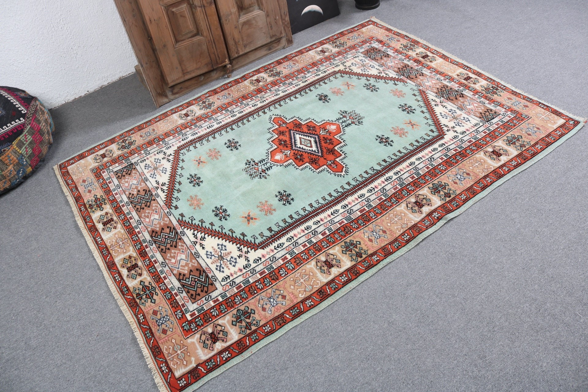 Antika Halı, Vintage Halı, Ev Dekorasyonu Halıları, Yeşil Ev Dekorasyonu Halıları, Yer Halıları, 4.6x6.3 ft Alan Halıları, Boho Halısı, Türk Halısı, Oturma Odası Halısı