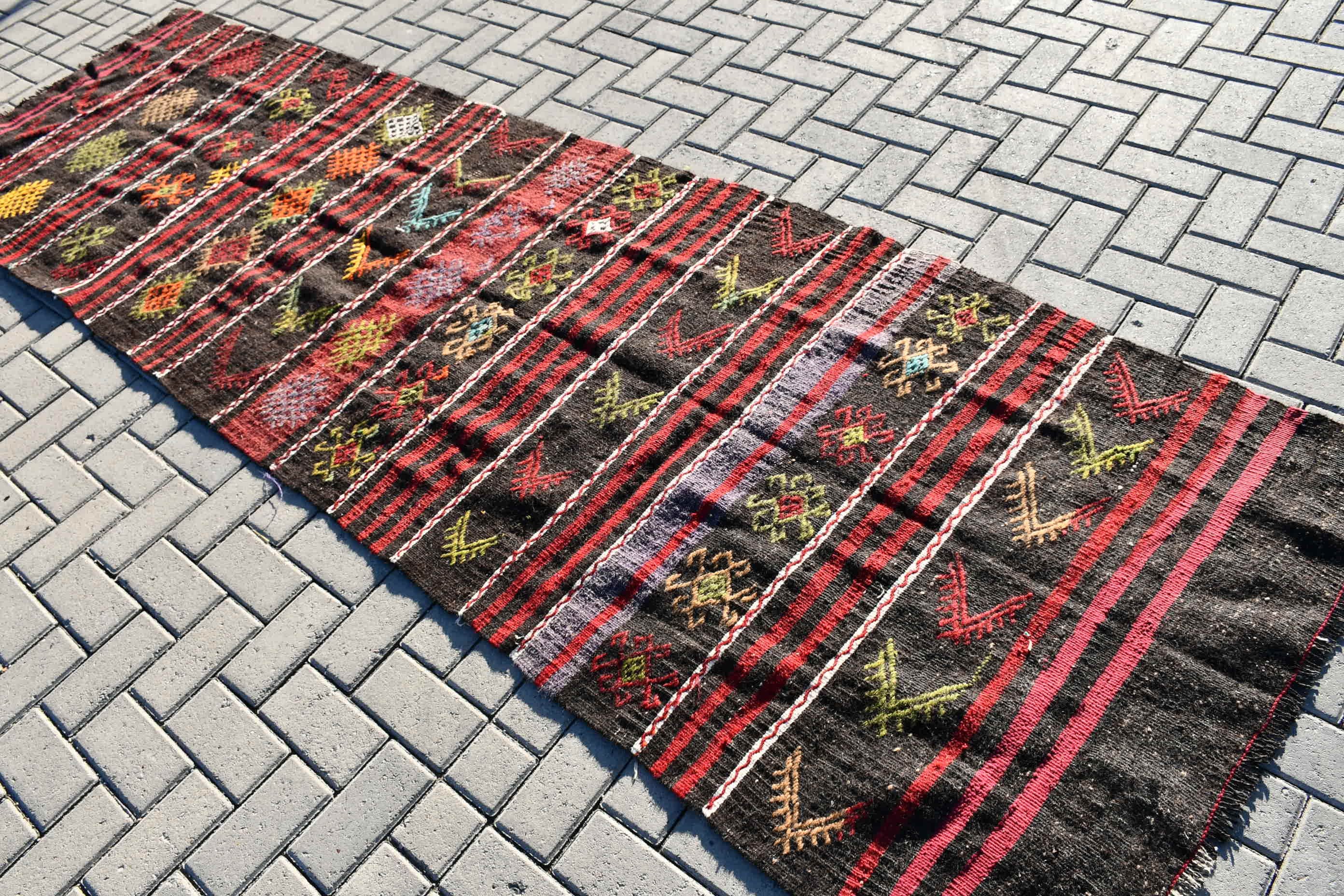 3.3x10.8 ft Runner Rugs, Vintage Rug, Corridor Rug, Floor Rug, Rugs for Runner, Black Wool Rugs, Oushak Rug, Turkish Rug, Stair Rug, Kilim