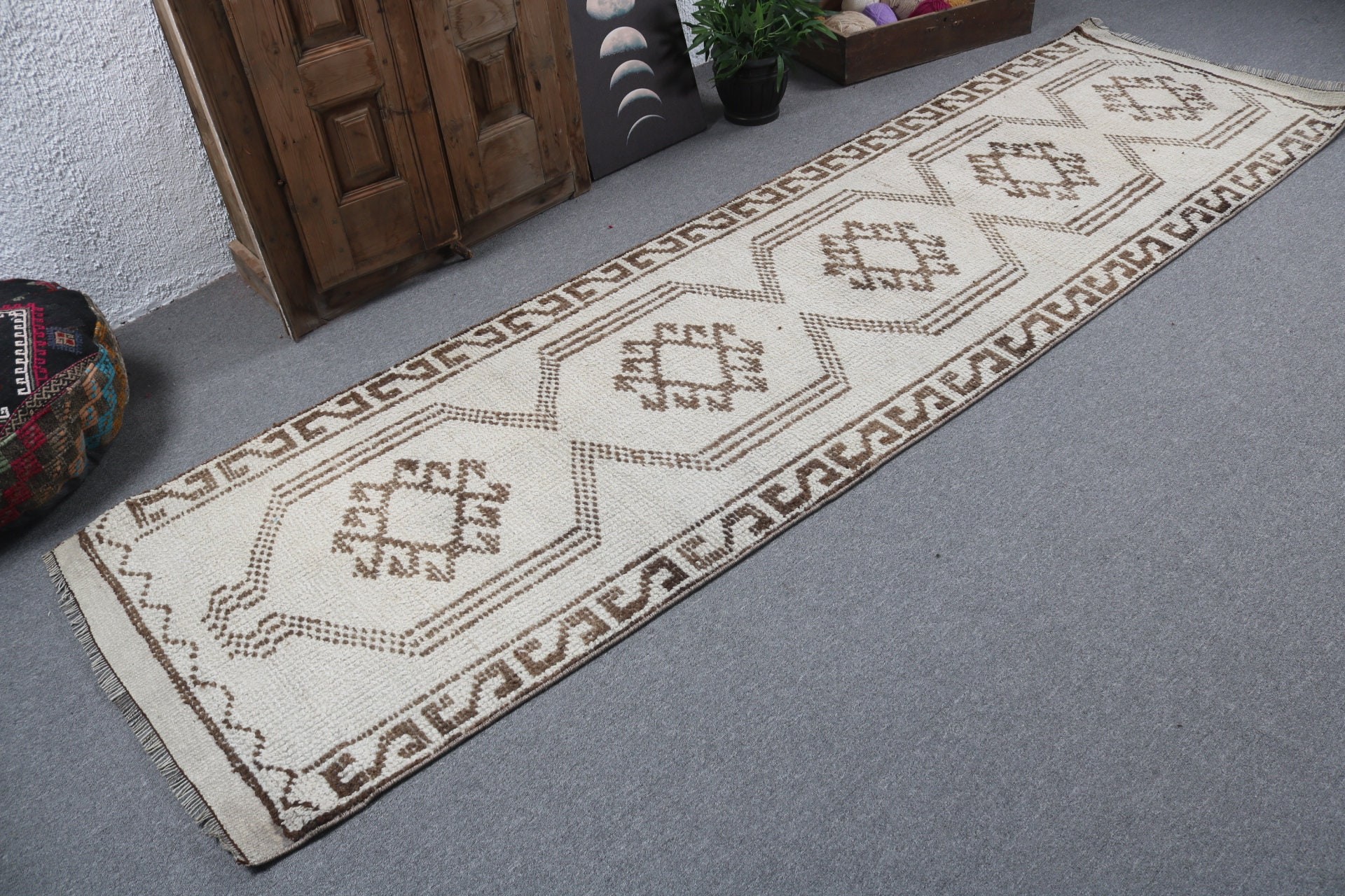 Geometric Rug, Vintage Rugs, Corridor Rug, Beige Antique Rug, Hallway Rugs, Turkish Rug, Kitchen Rug, 3x10.5 ft Runner Rug, Modern Rugs