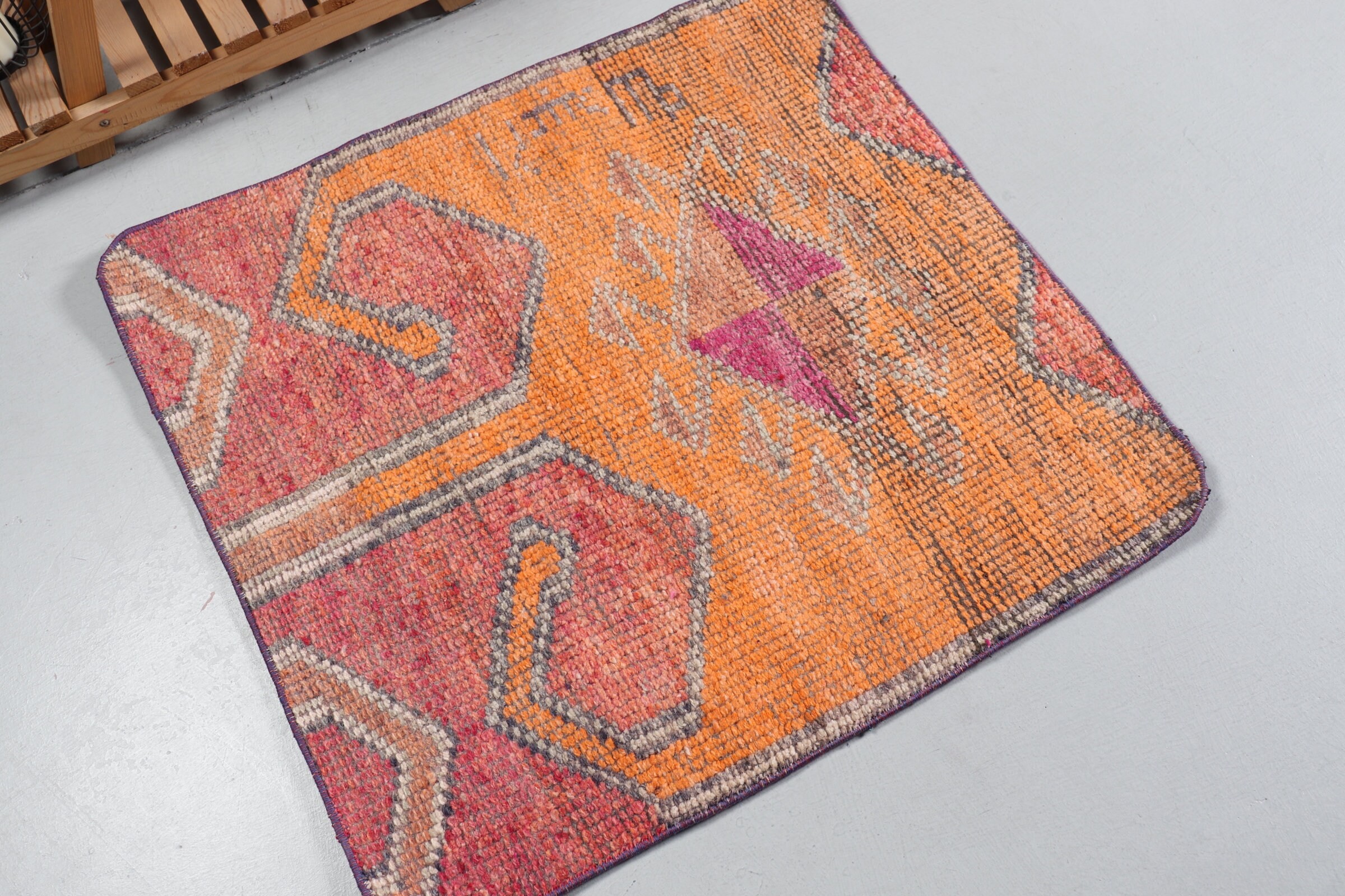 Oushak Rug, Turkish Rugs, Vintage Rugs, Kitchen Rug, Orange Wool Rugs, Floor Rugs, Rugs for Entry, Nursery Rug, 2.7x2.9 ft Small Rug