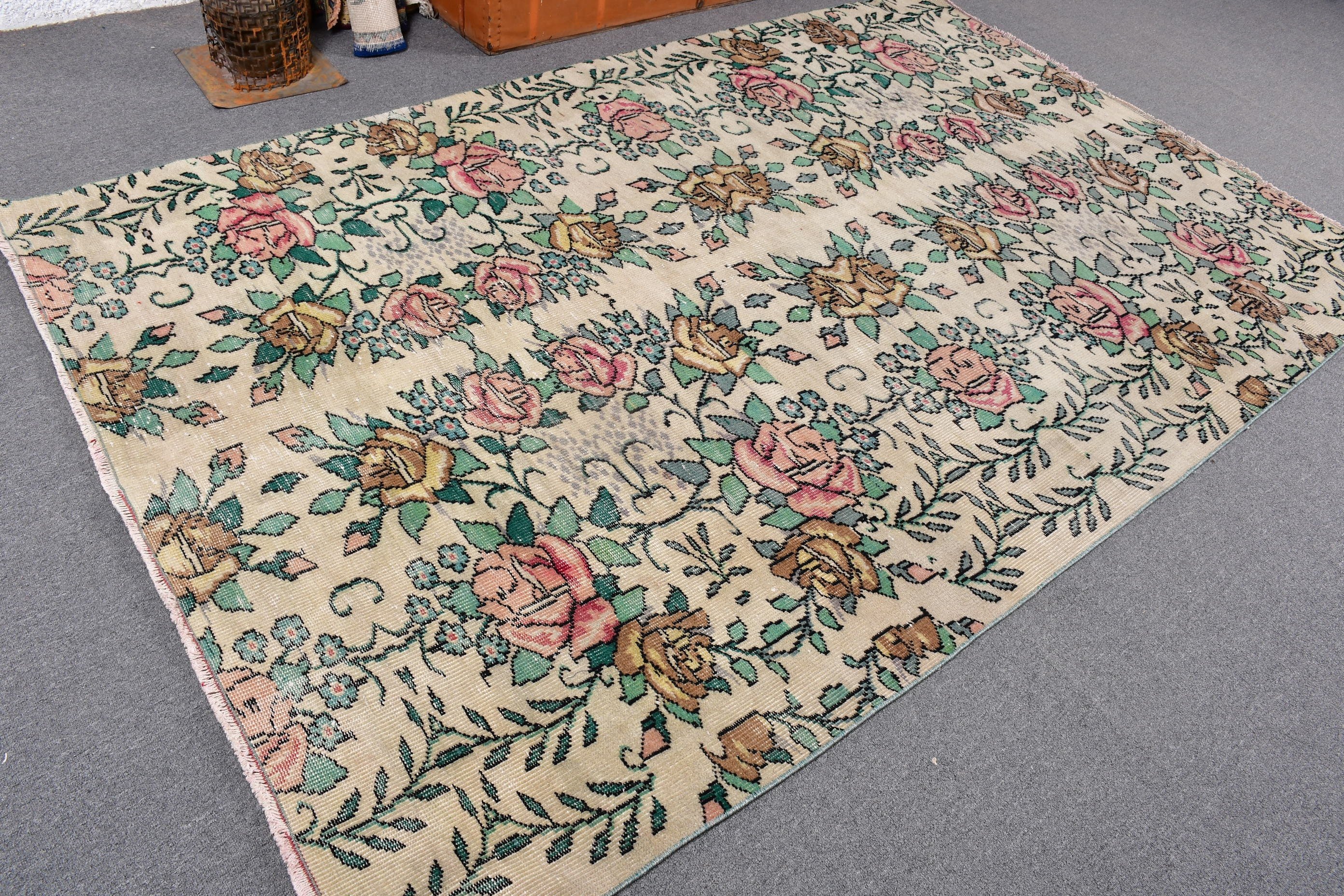 Salon Halısı, Büyük Vintage Halı, Vintage Halılar, Bej 5.3x8.6 ft Büyük Halı, El Dokuma Halı, Türk Halıları, Bohem Halıları, Havalı Halı