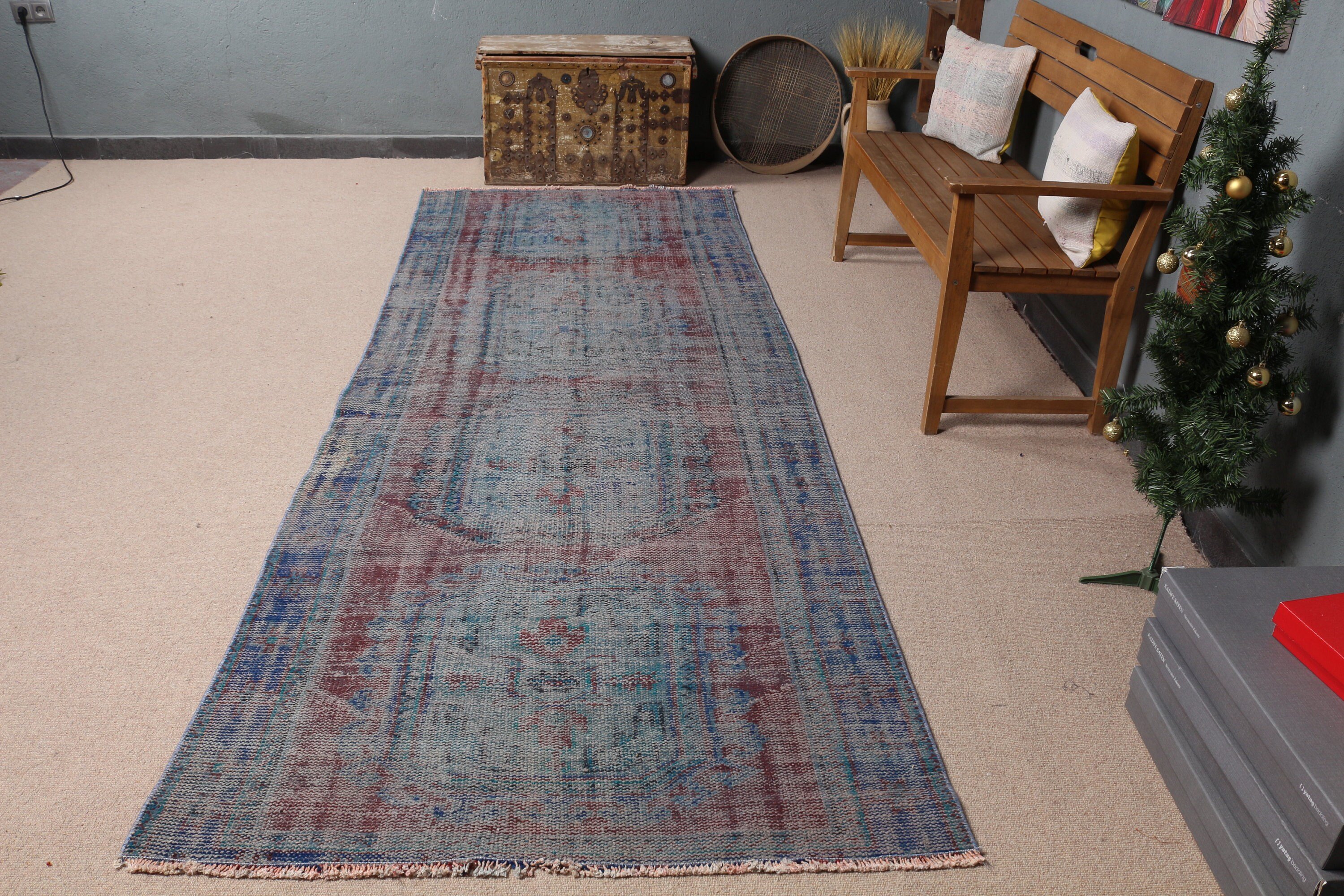 Vintage Rugs, 3.9x10.5 ft Runner Rug, Blue Cool Rug, Stair Rugs, Turkish Rugs, Home Decor Rugs, Bedroom Rug, Rugs for Runner, Corridor Rug