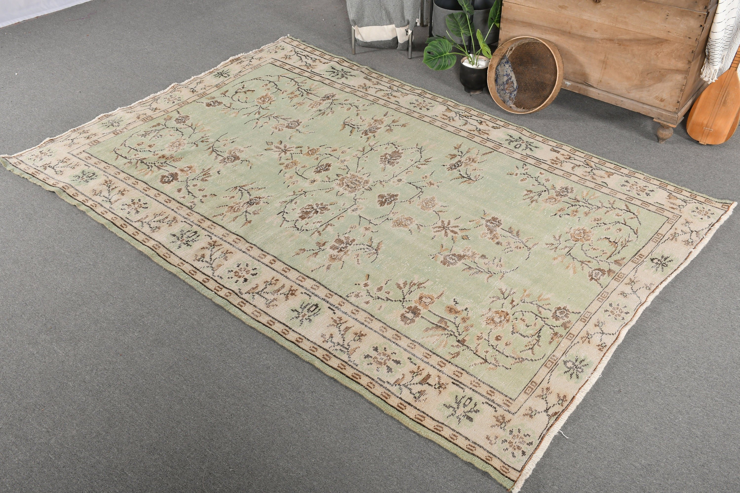 Vintage Rugs, Salon Rug, Living Room Rugs, Oushak Rug, Green  6.4x9.2 ft Large Rug, Kitchen Rug, Custom Rug, Turkish Rug