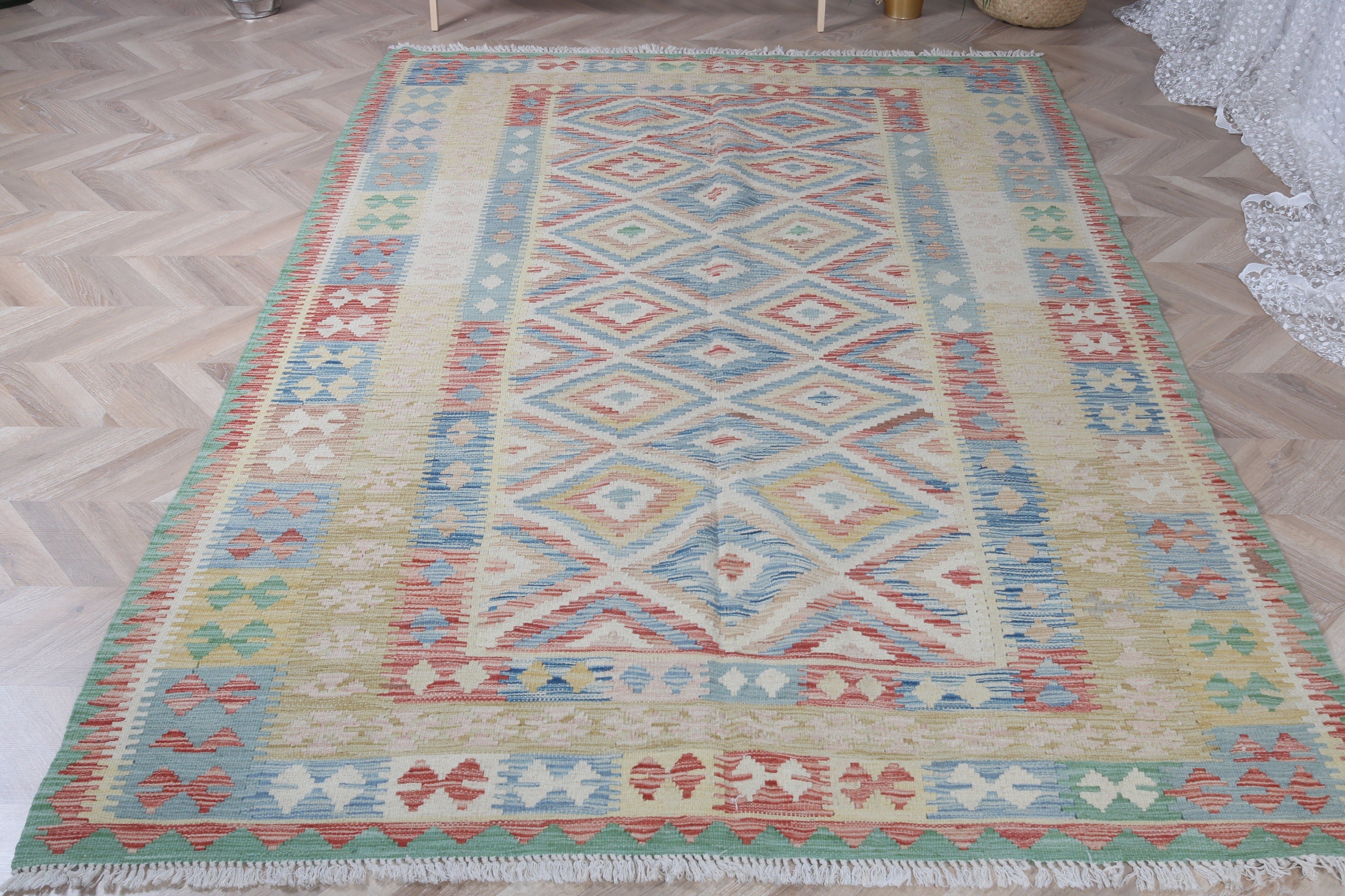 Vintage Halı, 5.3x8 ft Büyük Halı, Türk Halısı, Etnik Halı, Gökkuşağı Oryantal Halısı, Modern Halılar, Yatak Odası Halıları, Yün Halılar, Oturma Odası Halıları