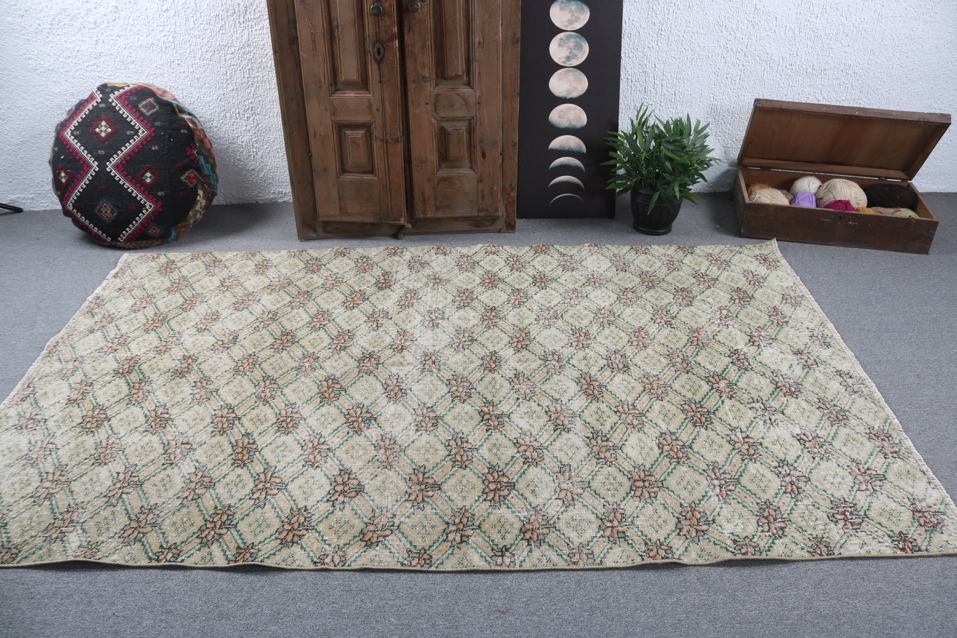 Salon Rugs, Vintage Rugs, Oriental Rugs, Geometric Rug, Outdoor Rugs, Green Anatolian Rugs, Turkish Rug, 5.1x8.2 ft Large Rugs, Bedroom Rug