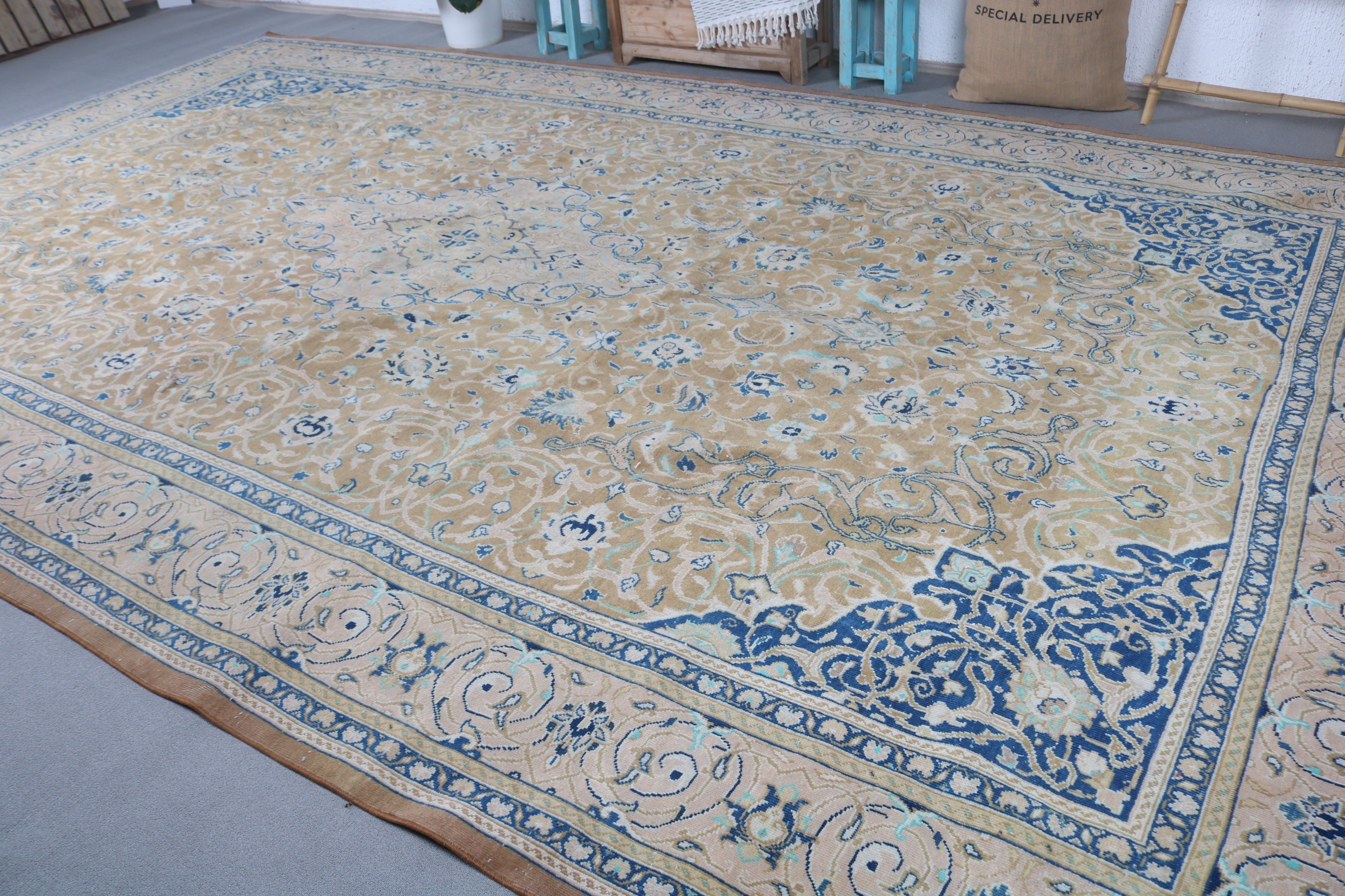 Turkish Rug, Blue Oushak Rug, Vintage Rug, Oriental Rug, 9.4x15.8 ft Oversize Rug, Salon Rug, Home Decor Rug, Vintage Decor Rug, Saloon Rug