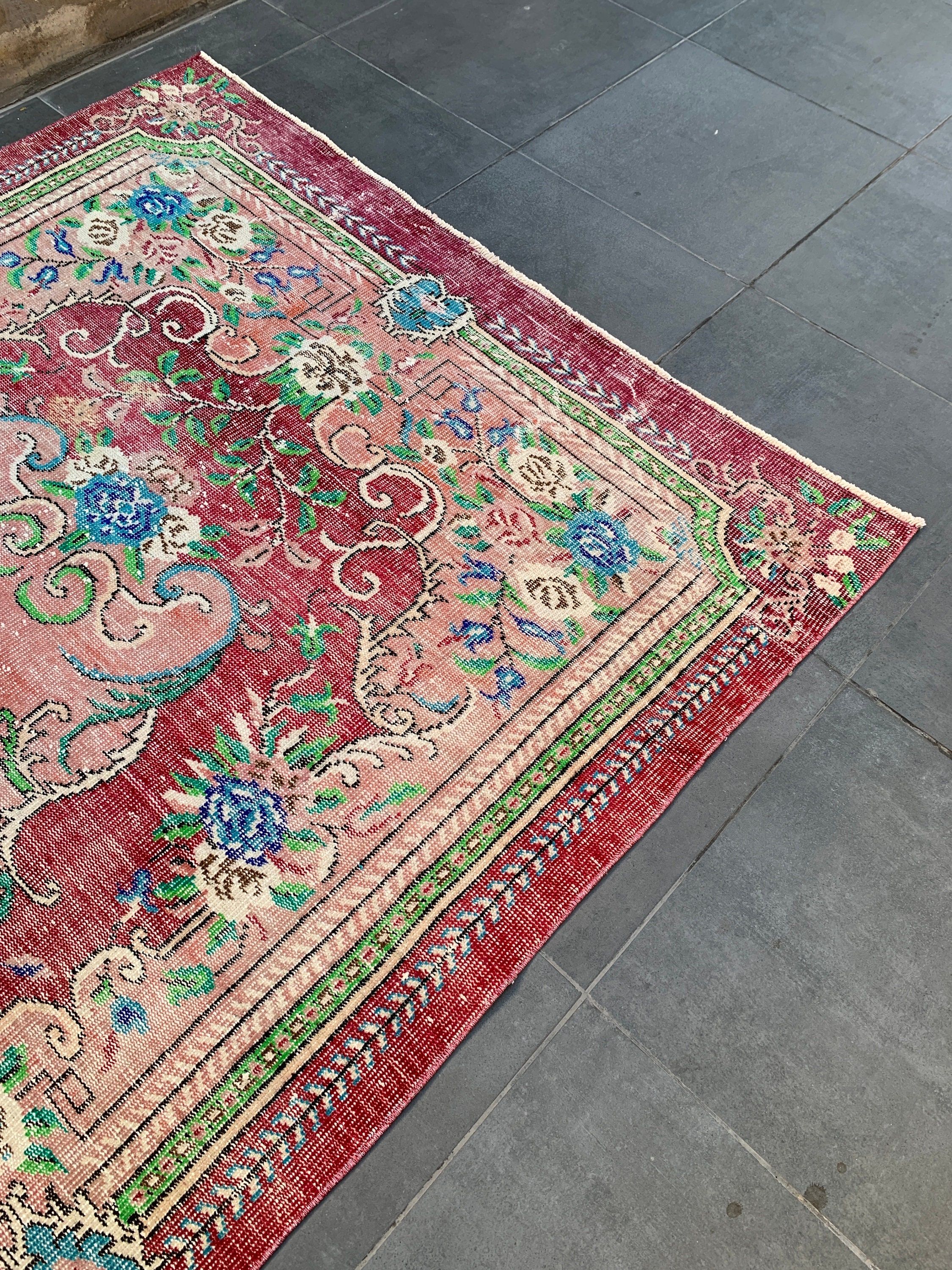 Vintage Halı, Türk Halısı, 6.1x9.4 ft Büyük Halı, Kırmızı Soğuk Halı, Salon Halıları, Yün Halı, Yemek Odası Halısı, Oturma Odası Halıları