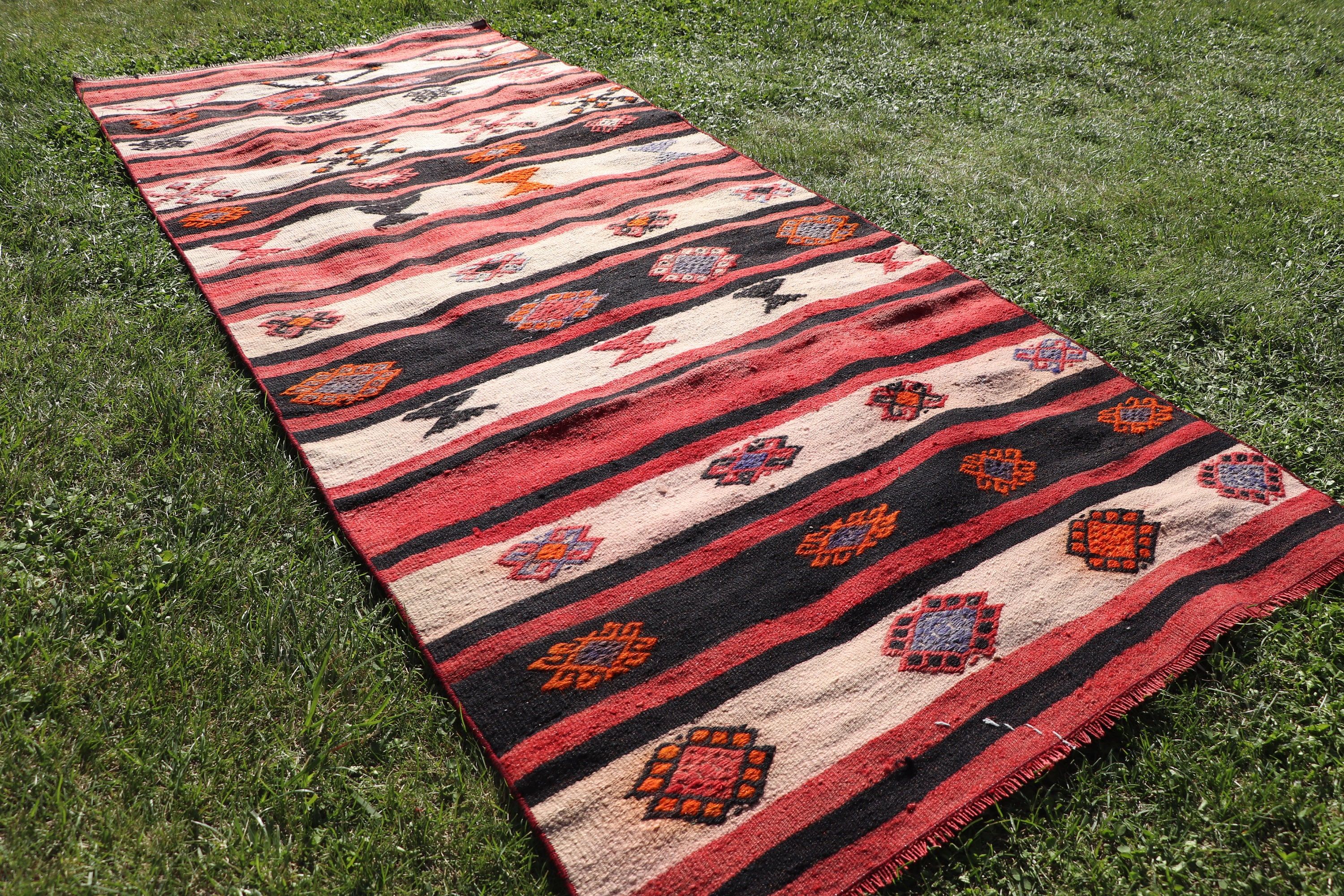 Bedroom Rugs, Turkish Rug, Modern Rug, Indoor Rugs, Vintage Rug, Red Moroccan Rugs, Flatweave Rugs, 3.2x7.6 ft Area Rugs, Geometric Rug