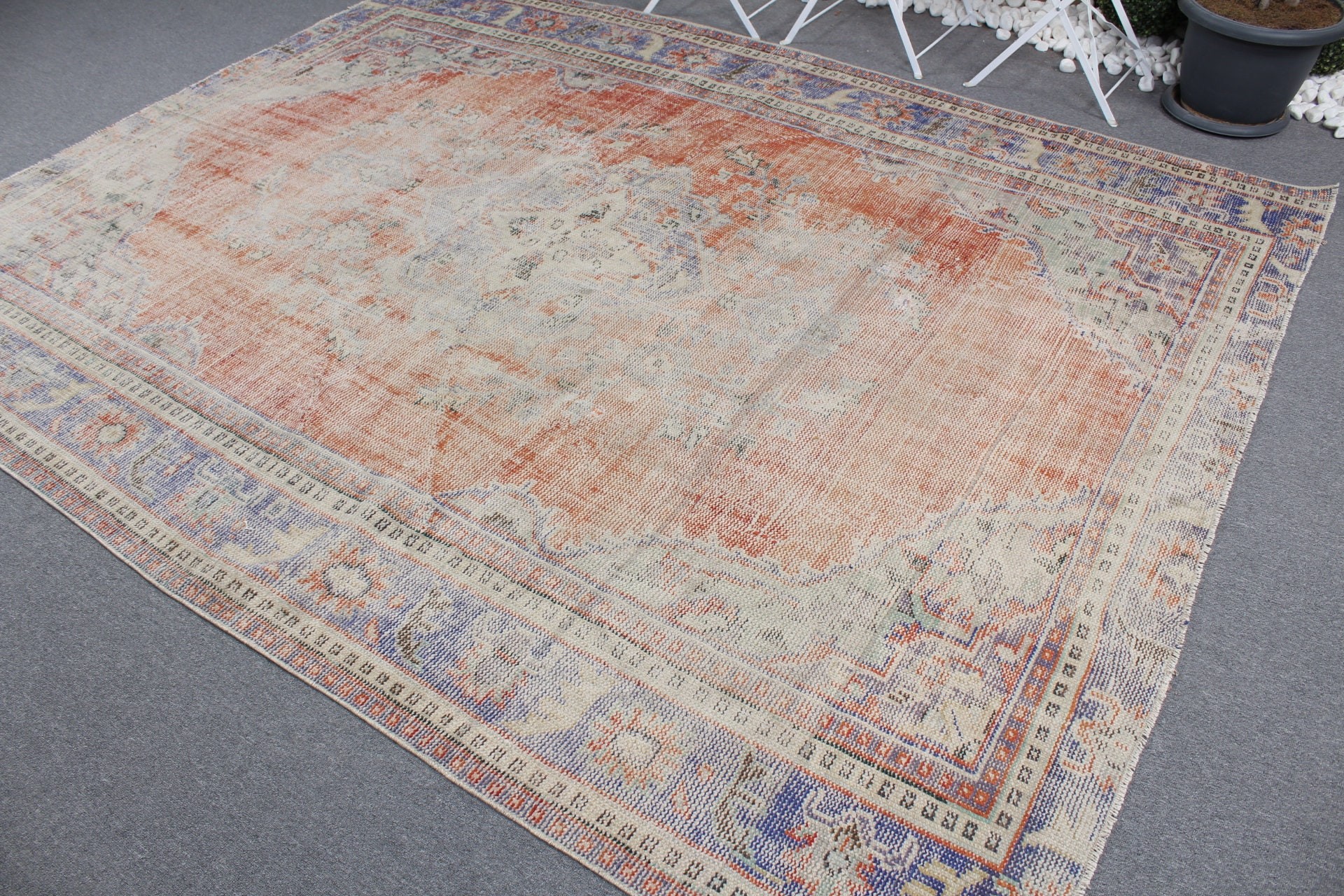 Saloon Rug, Turkish Rug, Wool Rugs, Vintage Rug, Orange  7.6x9.5 ft Oversize Rug, Dining Room Rugs, Kitchen Rugs, Outdoor Rug