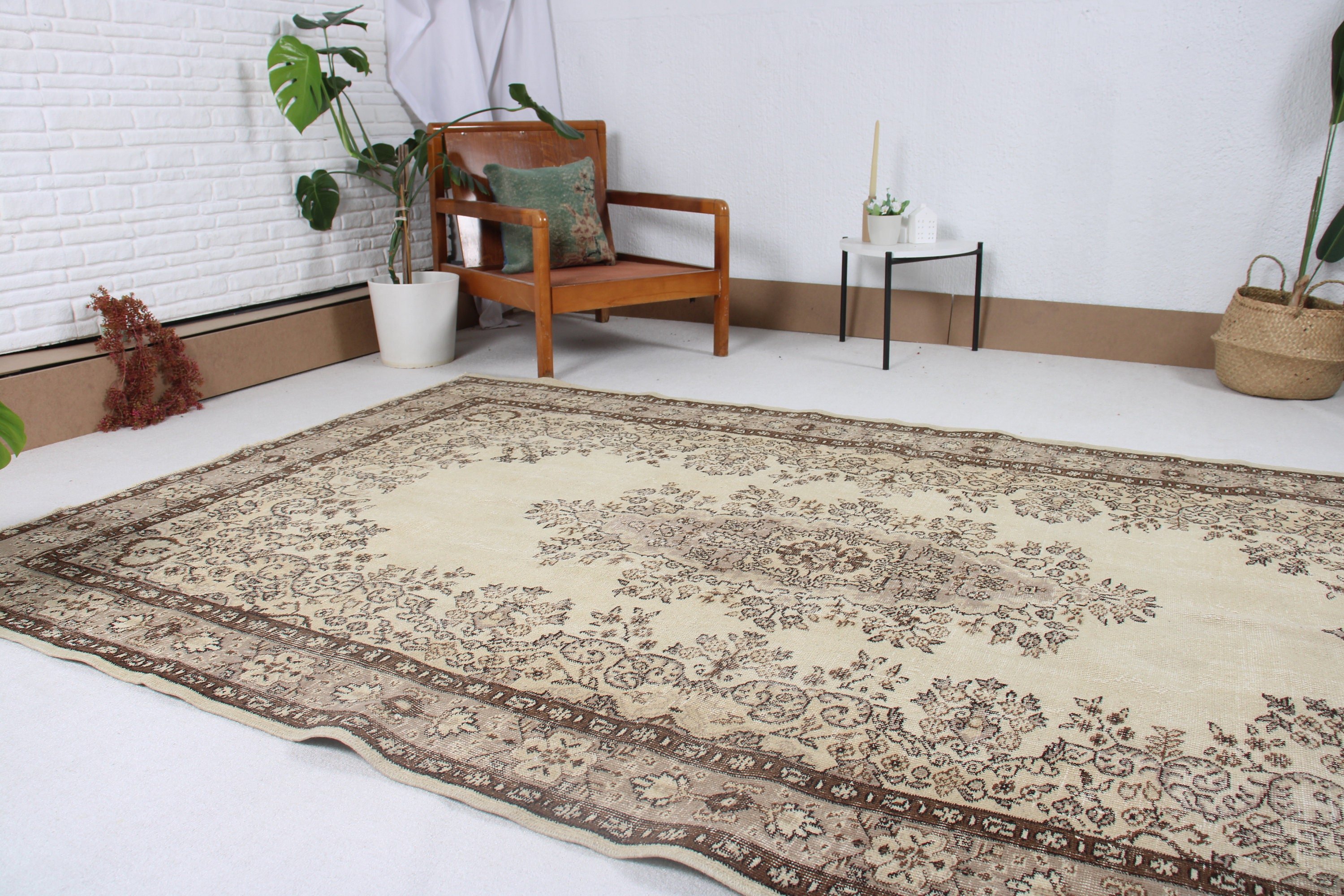 Aztek Halıları, Yemek Odası Halıları, Oturma Odası Halıları, Türk Halıları, Bej Yün Halı, Yün Halılar, 5,8x8,9 ft Büyük Halı, Nötr Halılar, Vintage Halılar