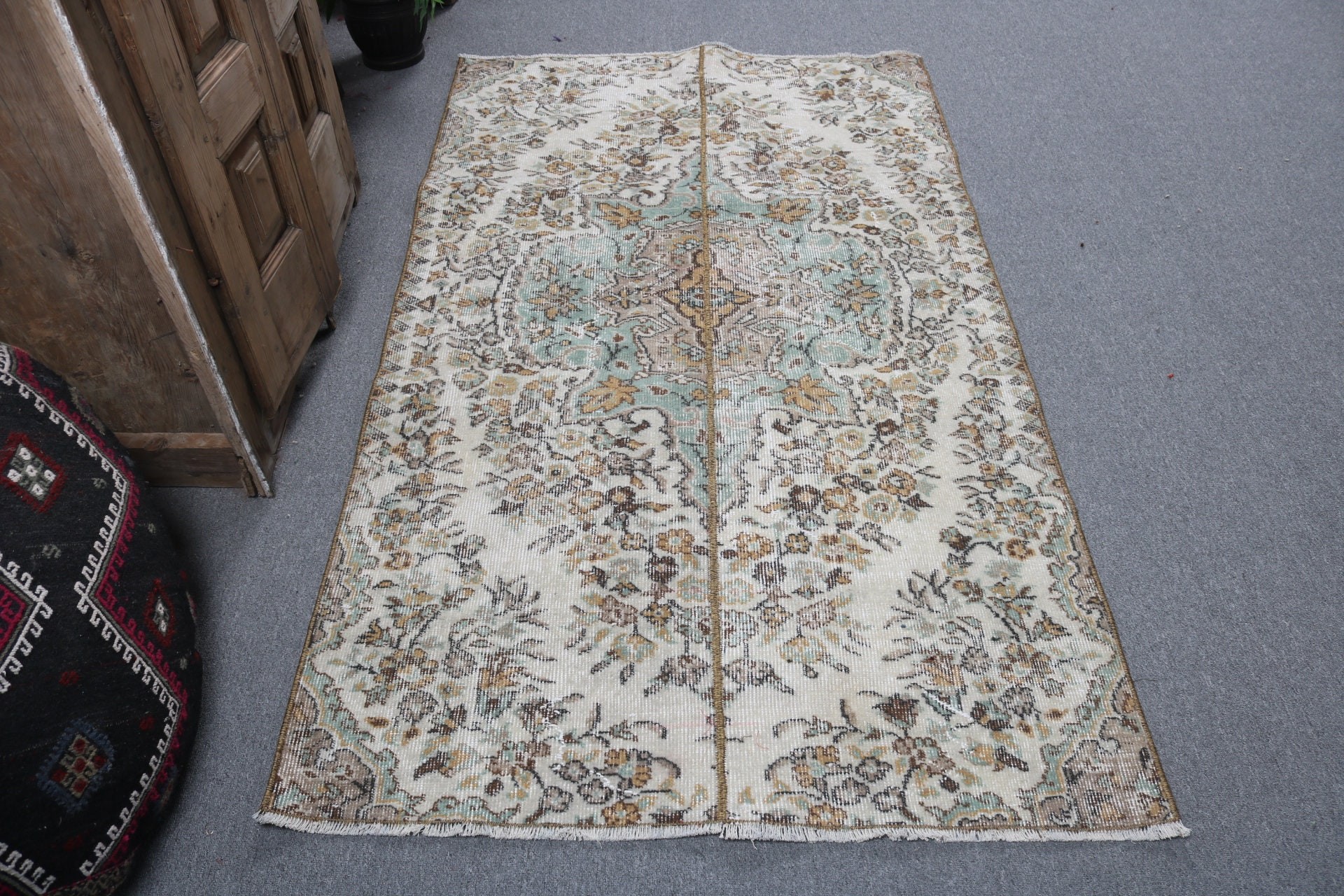 Boho Bölge Halıları, 3,7x6,5 ft Alan Halıları, Türk Halıları, Modern Halı, Yün Halı, Bej El Dokuma Halılar, Yer Halıları, Vintage Halılar, Yer Halıları