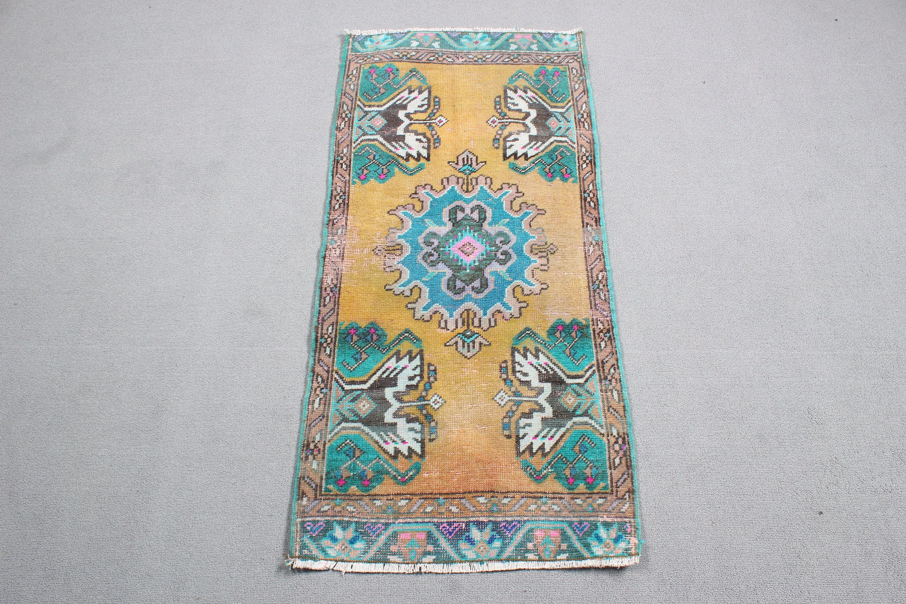 Sarı Nötr Halı, Küçük Alan Halıları, Antika Halı, Türk Halıları, Vintage Halılar, 1.7x3.6 ft Küçük Halı, Banyo Halısı, Düz Dokuma Halı, Dış Mekan Halıları