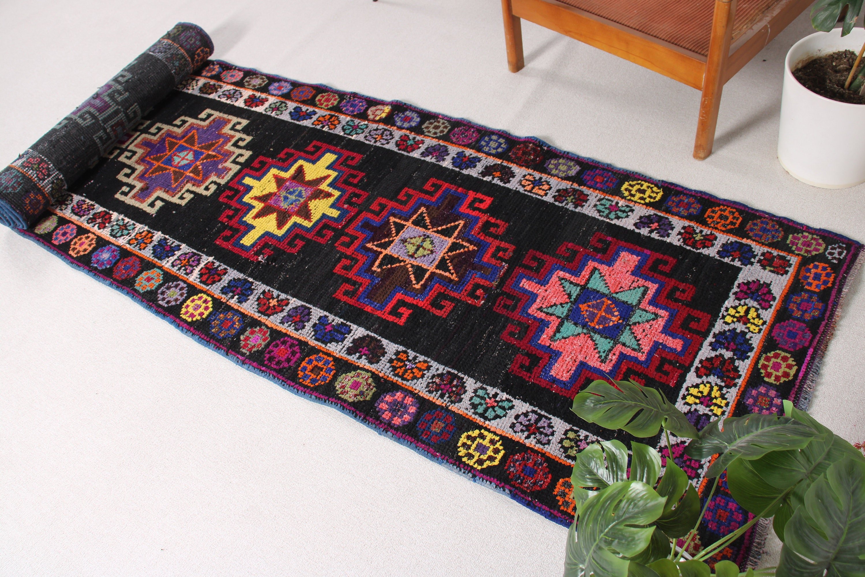 Yün Halılar, Türk Halıları, Beni Ourain Yolluk Halıları, 3x13,5 ft Koşucu Halısı, Düz Dokuma Halılar, Vintage Halı, Koridor Halıları, Siyah Lüks Halılar