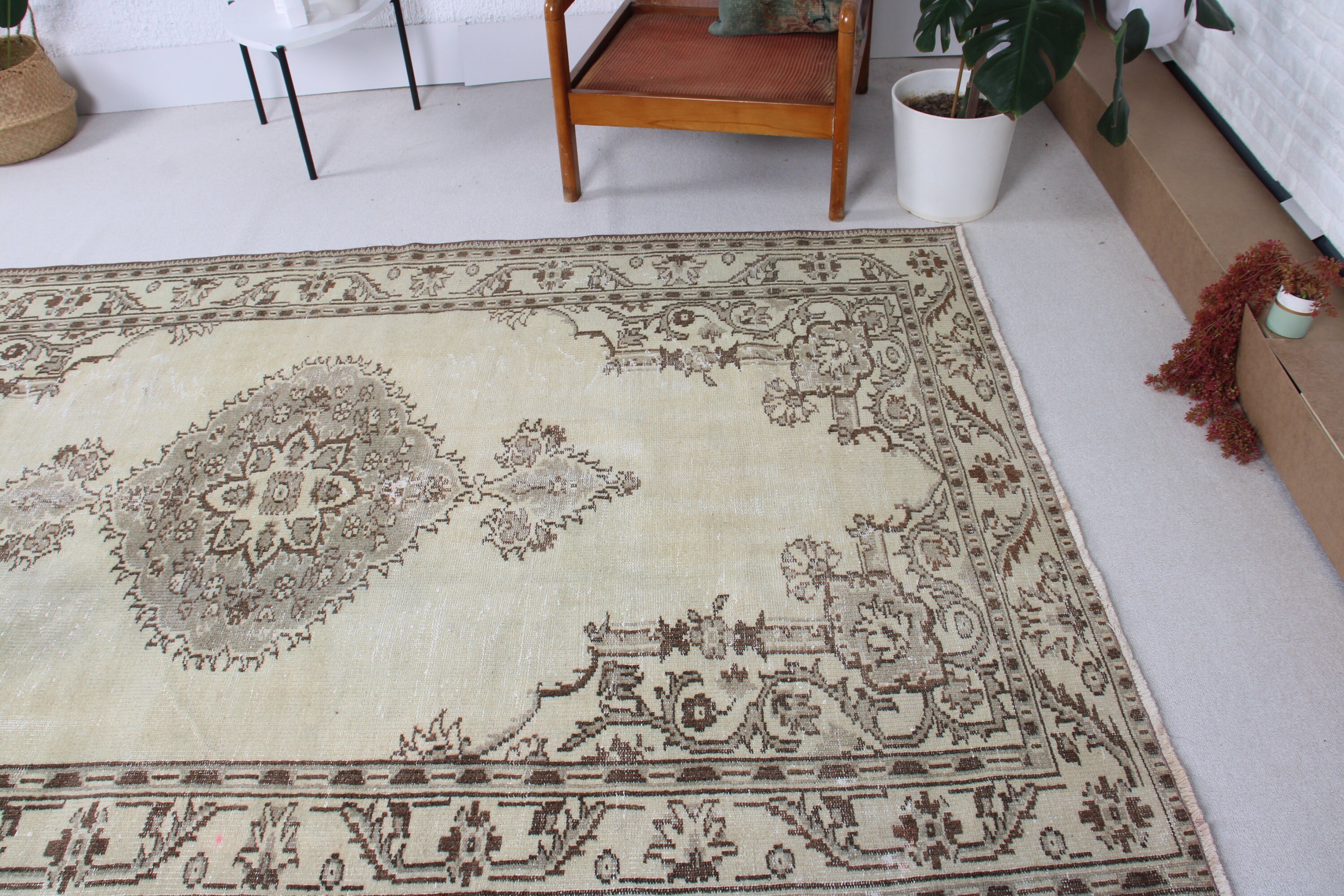 Yemek Odası Halıları, Salon Halısı, Bej El Dokuma Halısı, Türk Halısı, 5.5x8.9 ft Büyük Halı, Vintage Halılar, Düz Dokuma Halı, Dış Mekan Halısı, Yatak Odası Halısı