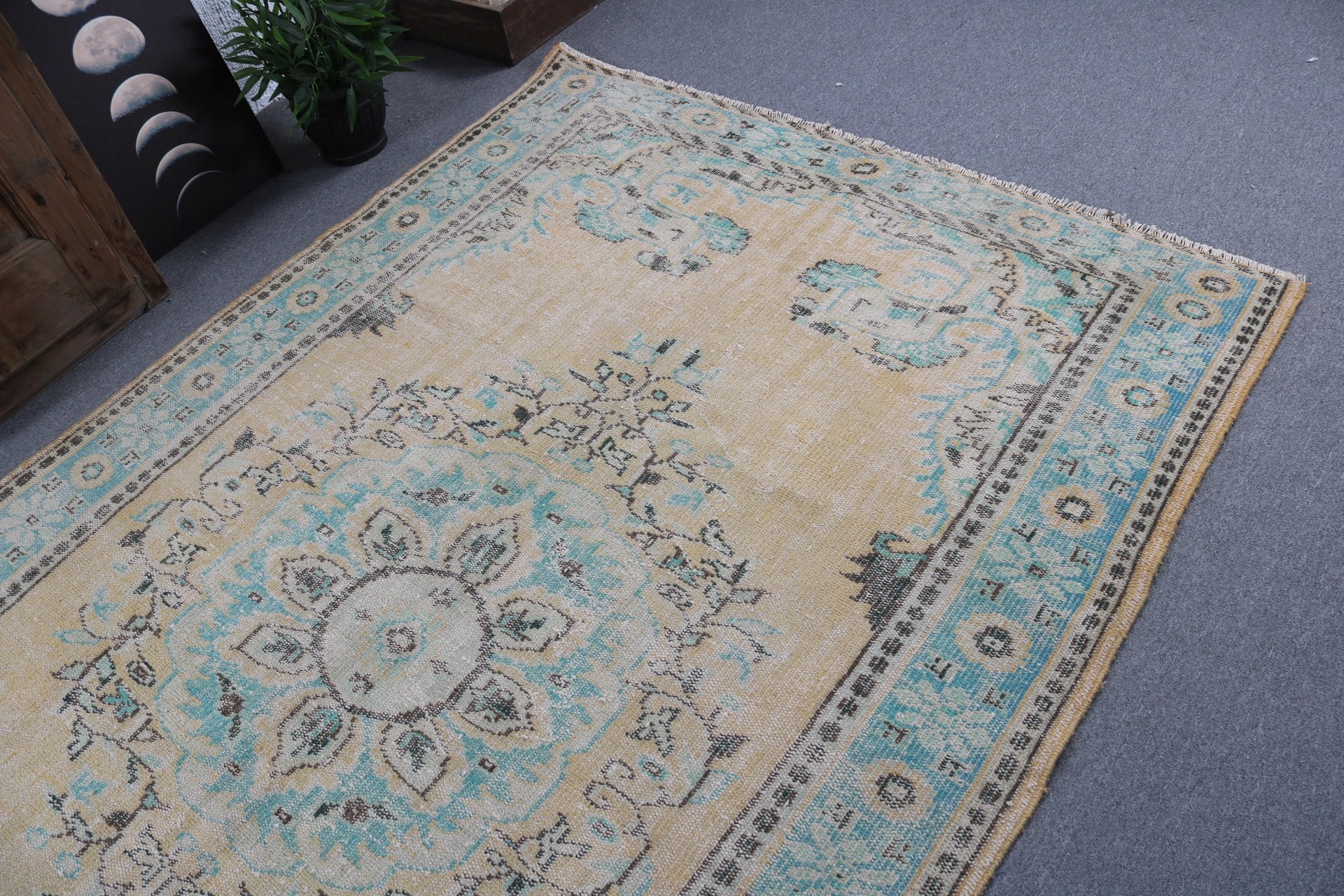 Yellow Statement Rugs, Turkish Rugs, Vintage Rugs, Salon Rug, Dining Room Rugs, Wool Rugs, Exotic Rug, Modern Rug, 5.7x9.1 ft Large Rug