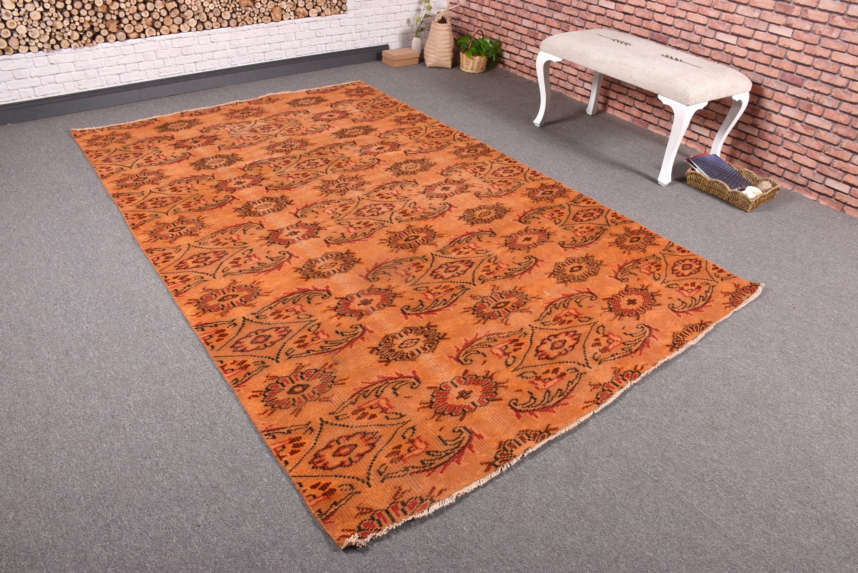 Floor Rug, Handwoven Rug, Turkish Rugs, Bedroom Rugs, Salon Rugs, Aesthetic Rug, 5.8x8.6 ft Large Rug, Vintage Rugs, Orange Statement Rugs