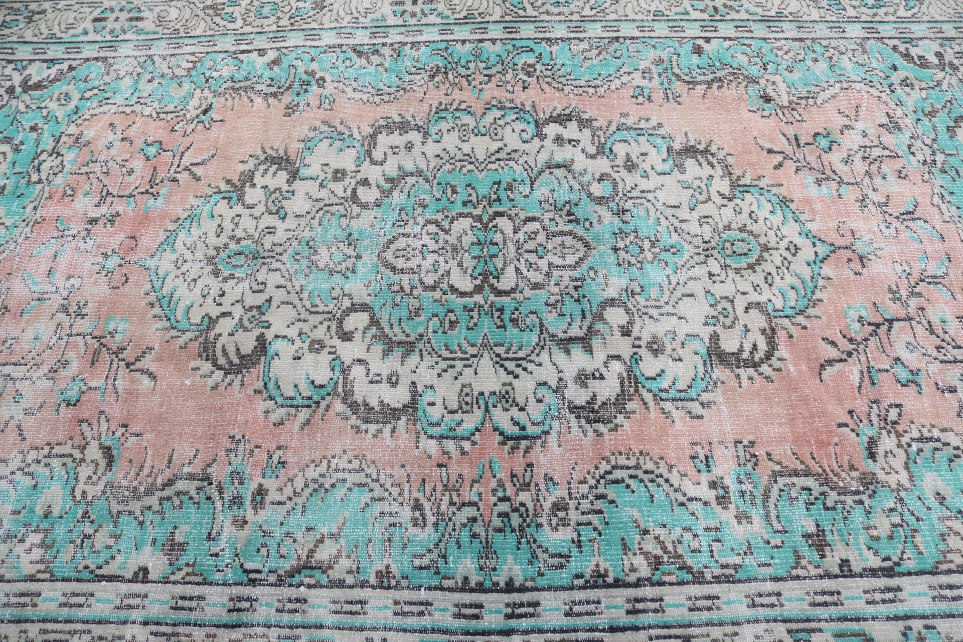 6.5x10.1 ft Büyük Halı, Türk Halıları, Ev Dekor Halısı, Büyük Oushak Halısı, Yeşil Modern Halılar, Vintage Halılar, Büyük Vintage Halılar