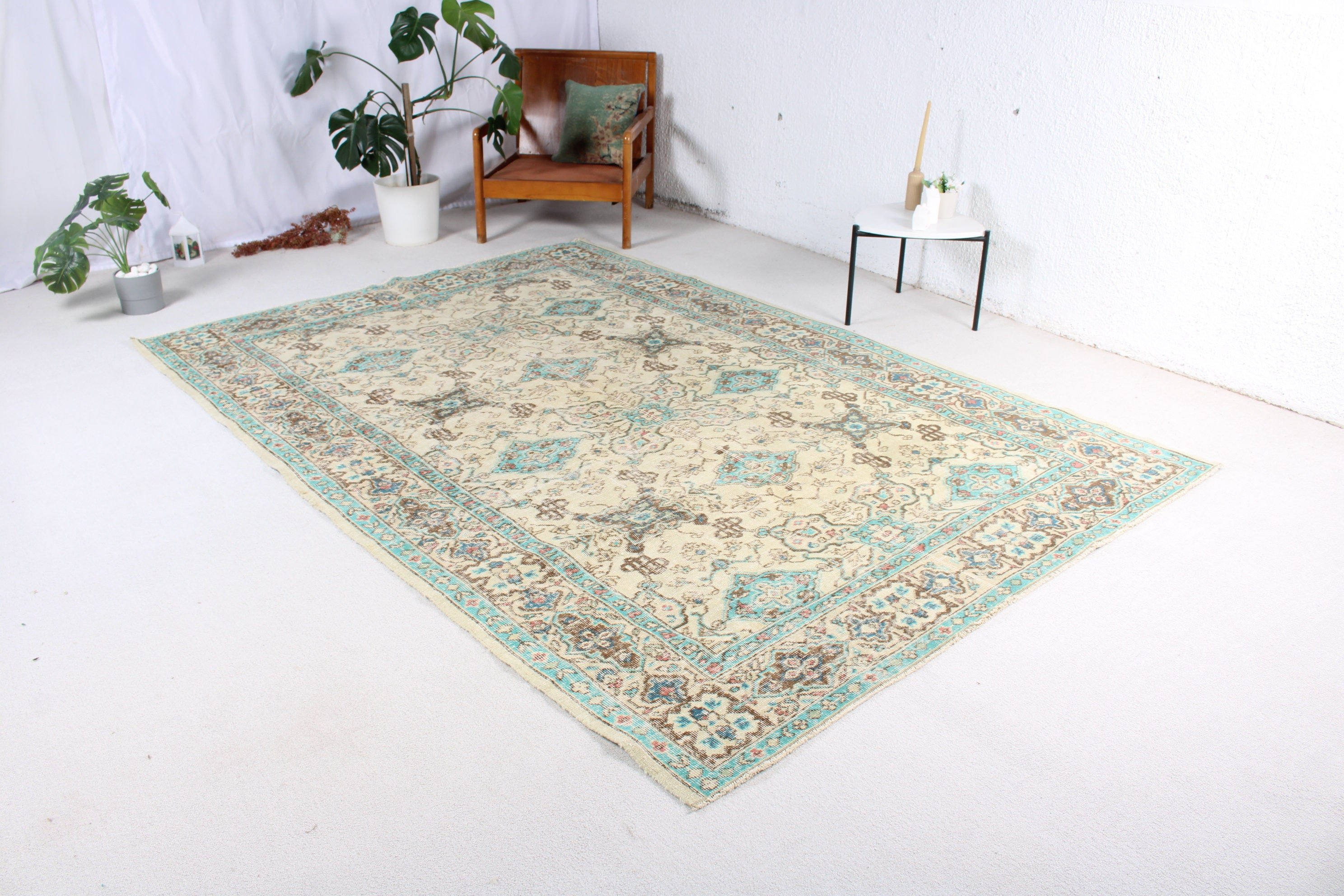 Büyük Oushak Halıları, Kahverengi Geometrik Halı, Türk Halıları, Vintage Halılar, Açıklama Halıları, Büyük Vintage Halı, Düz Dokuma Halı, 6,3x9,2 ft Büyük Halı