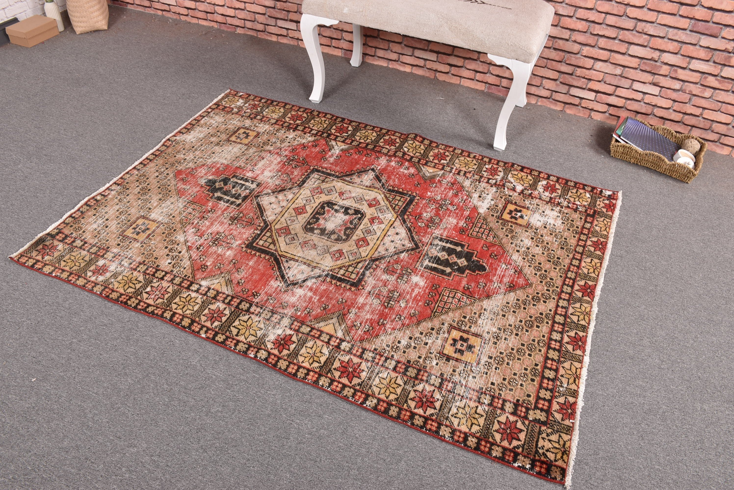 Floor Rug, Rugs for Entry, 4x5.4 ft Accent Rug, Bedroom Rug, Entry Rugs, Modern Rugs, Vintage Rug, Turkish Rugs, Red Wool Rugs, Neutral Rug